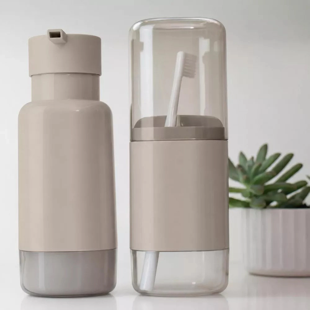 OU 17oz Soap Dispenser & Toothbrush Holder Set, Durable Dual Bathroom Organizer w/ Nonslip Base, Countertop