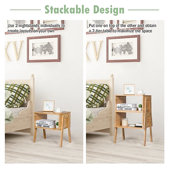 Glintex 2-Piece Stackable Bamboo Side Table Set with Open Storage Compartment, Natural