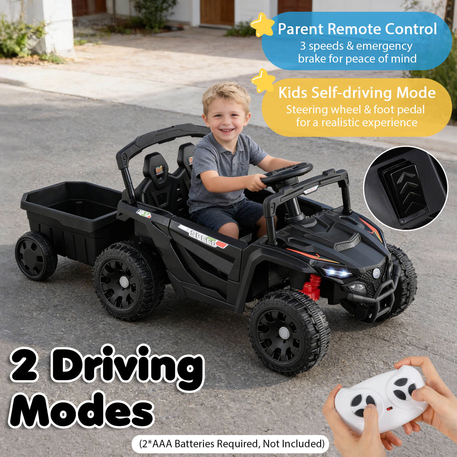 Costway 12V Kids Ride On UTV with Detachable Trailer, Remote Control, 3 Speeds, LED Lights Black