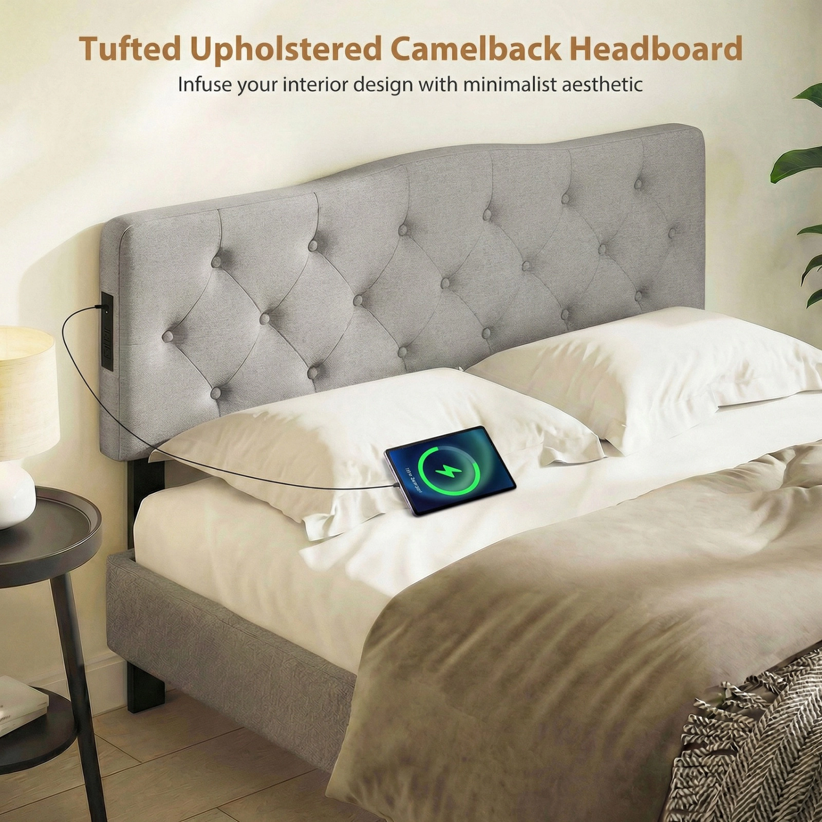 SUGIFT Tufted Upholstered Headboard Gray for Queen and Full Bed with 2 AC Outlets