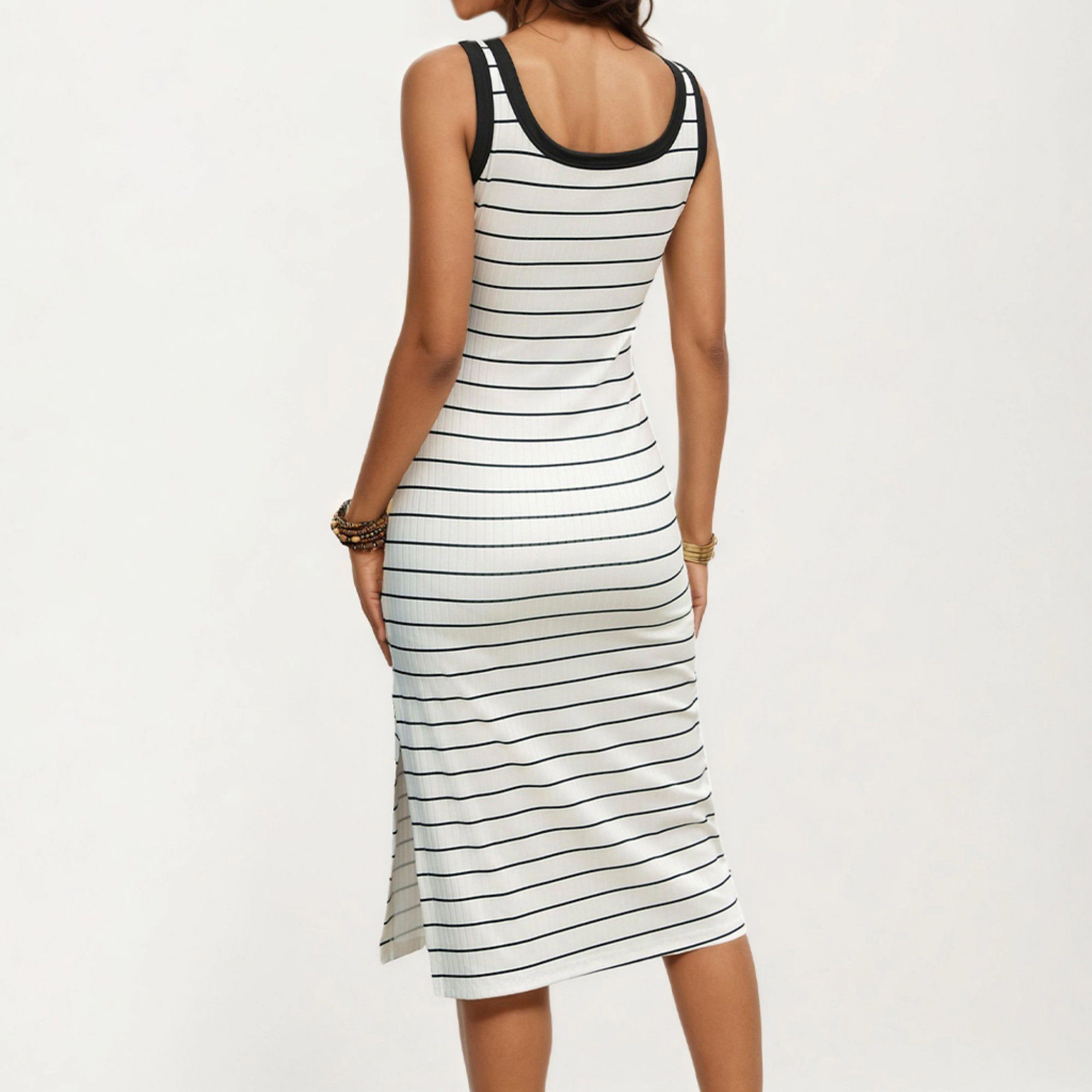 Anna-Kaci Women's Striped Rib-Knit Scoop Neck Tank Side Slit Midi Dress