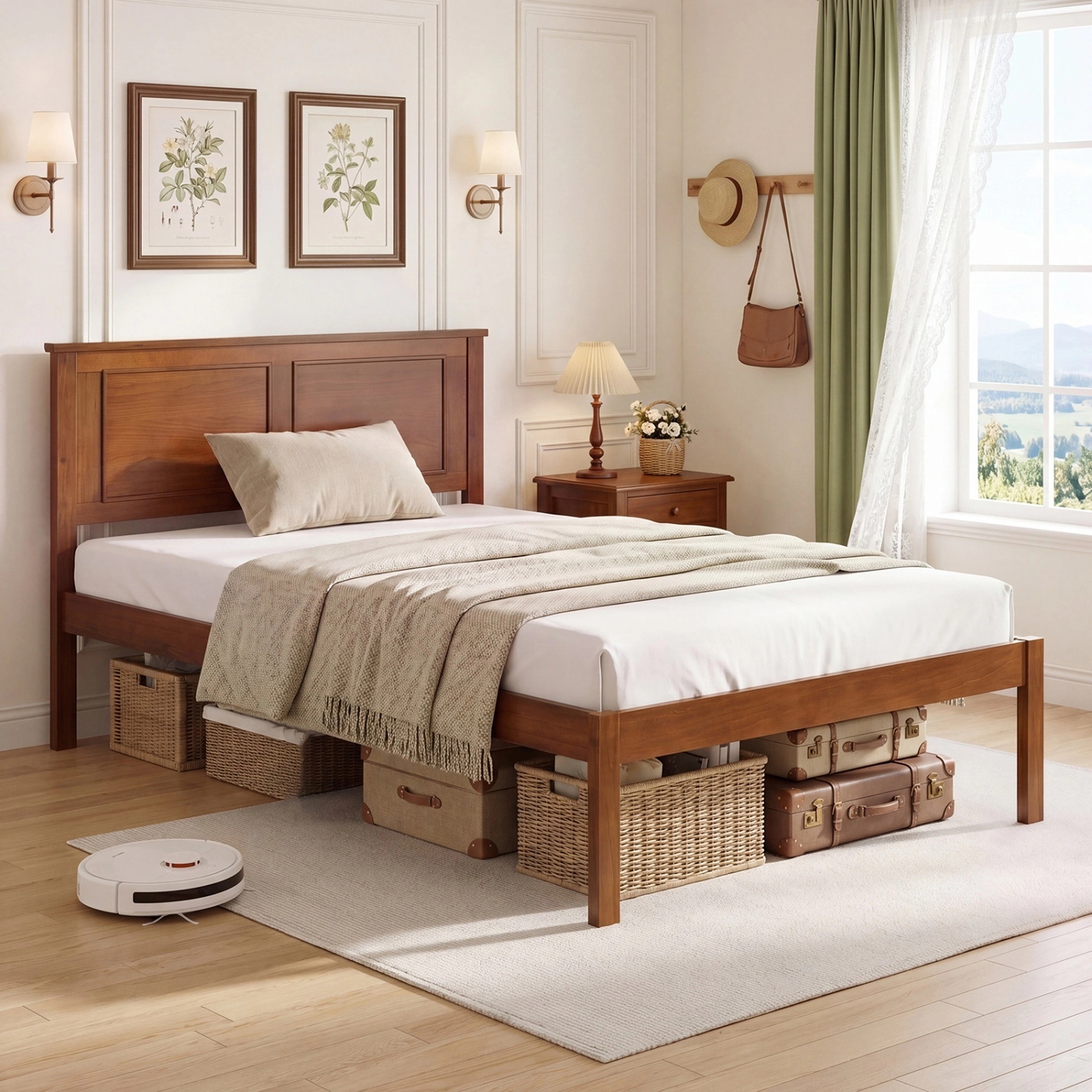 SUGIFT Twin Farmhouse Platform Bed with Panel Headboard, Walnut