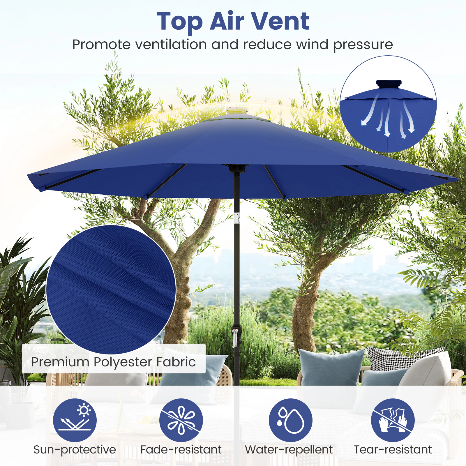 SUGIFT 10 ft Solar Patio Umbrella with 96 Color-Changing LED Lights and Tilt