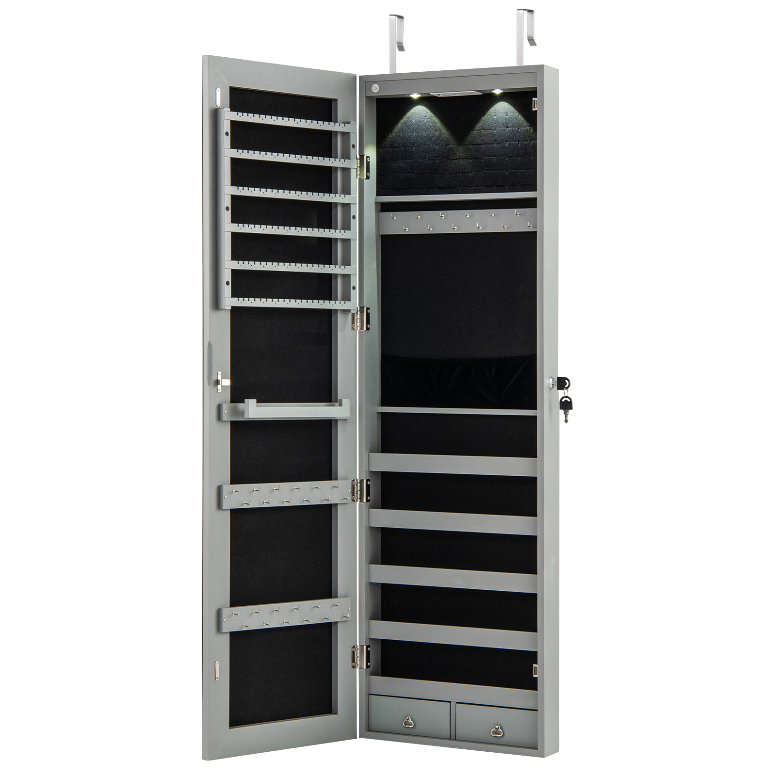 SUGIFT Gray Space-Saving Mirrored Jewelry Cabinet 4-in Deep Over the Door Organizer with Full-Length Mirror