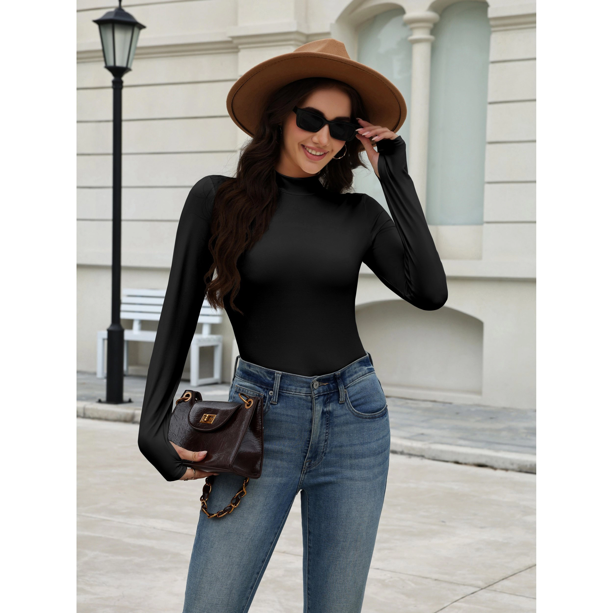 Ekouaer Women's Mock Neck Long Sleeve Thermal Base Layer Top with Thumbholes