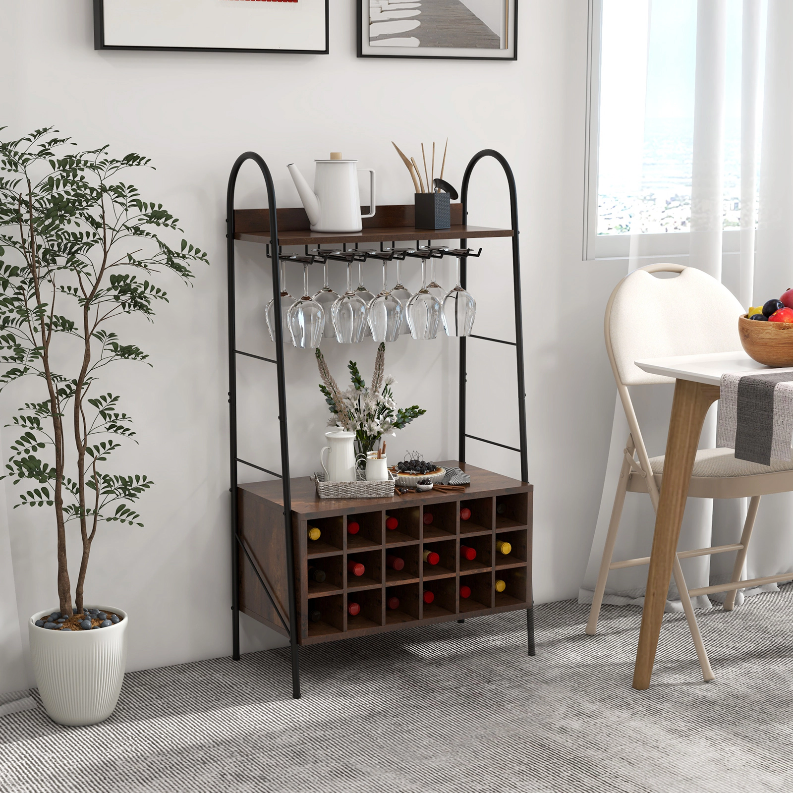 SUGIFT Bakers Rack Rustic Brown with Detachable 18-Bottle Wine Rack and Stemware Holder
