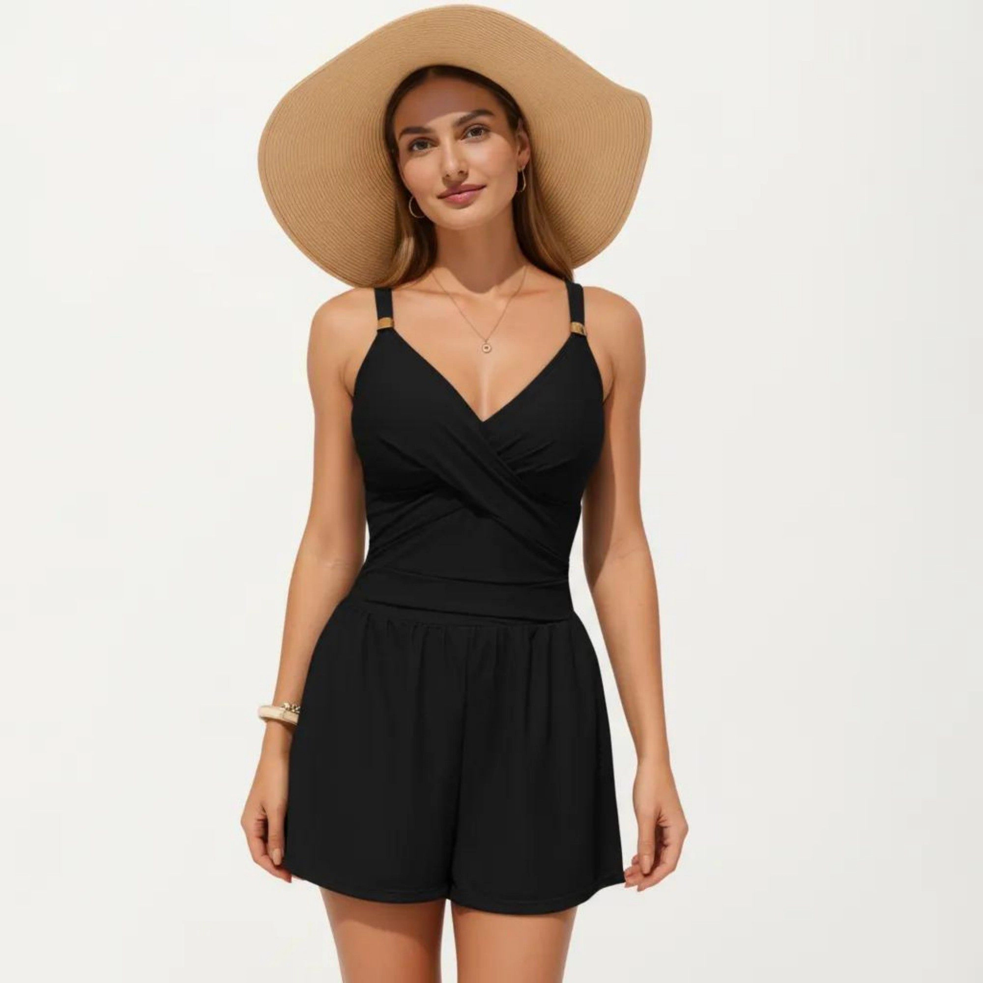Anna-Kaci Women's Crisscross Bust One-Piece Swim Romper with Adjustable Straps