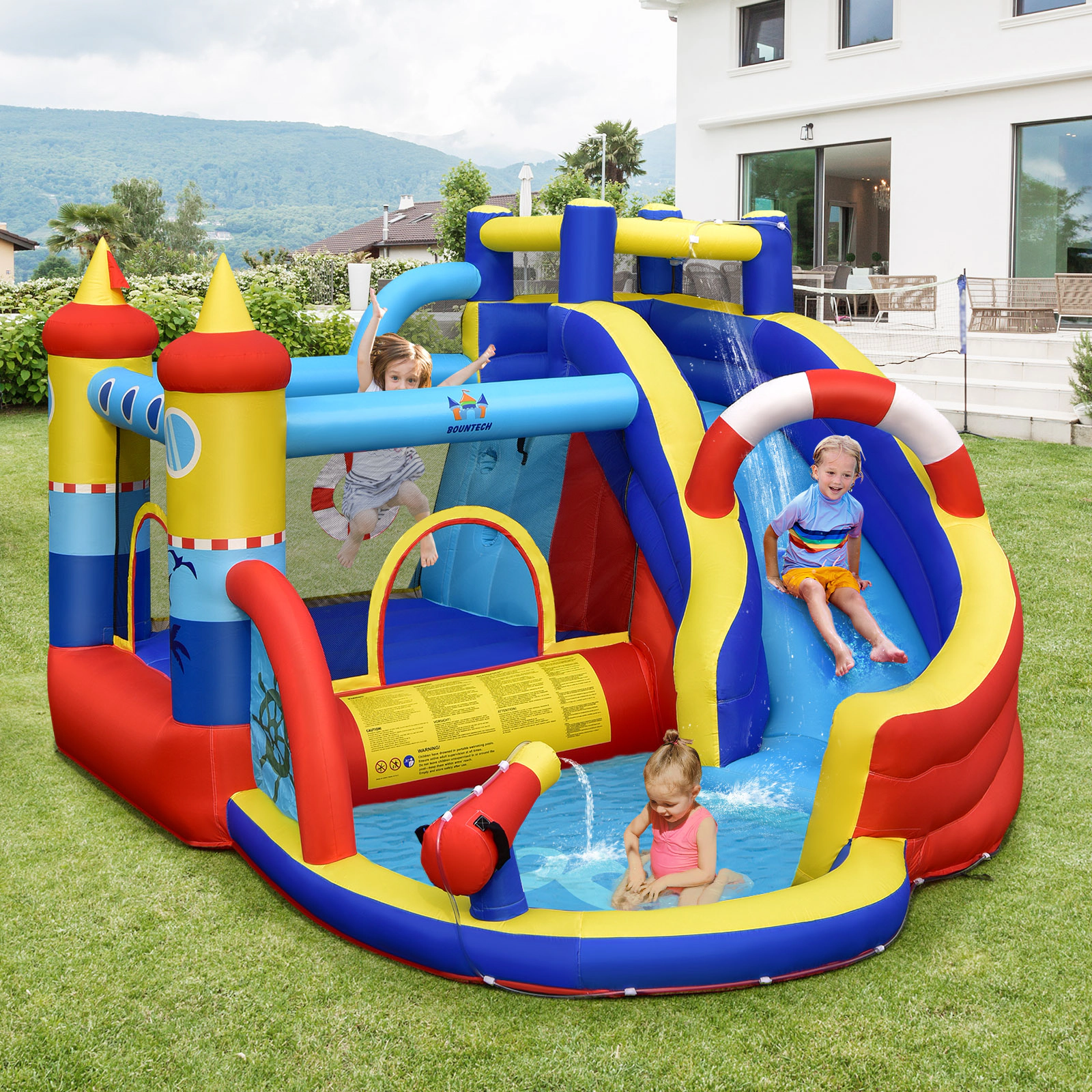 SUGIFT Nautical Inflatable Bounce Castle with Water Slide Climbing Wall Splash Play and 450W Blower