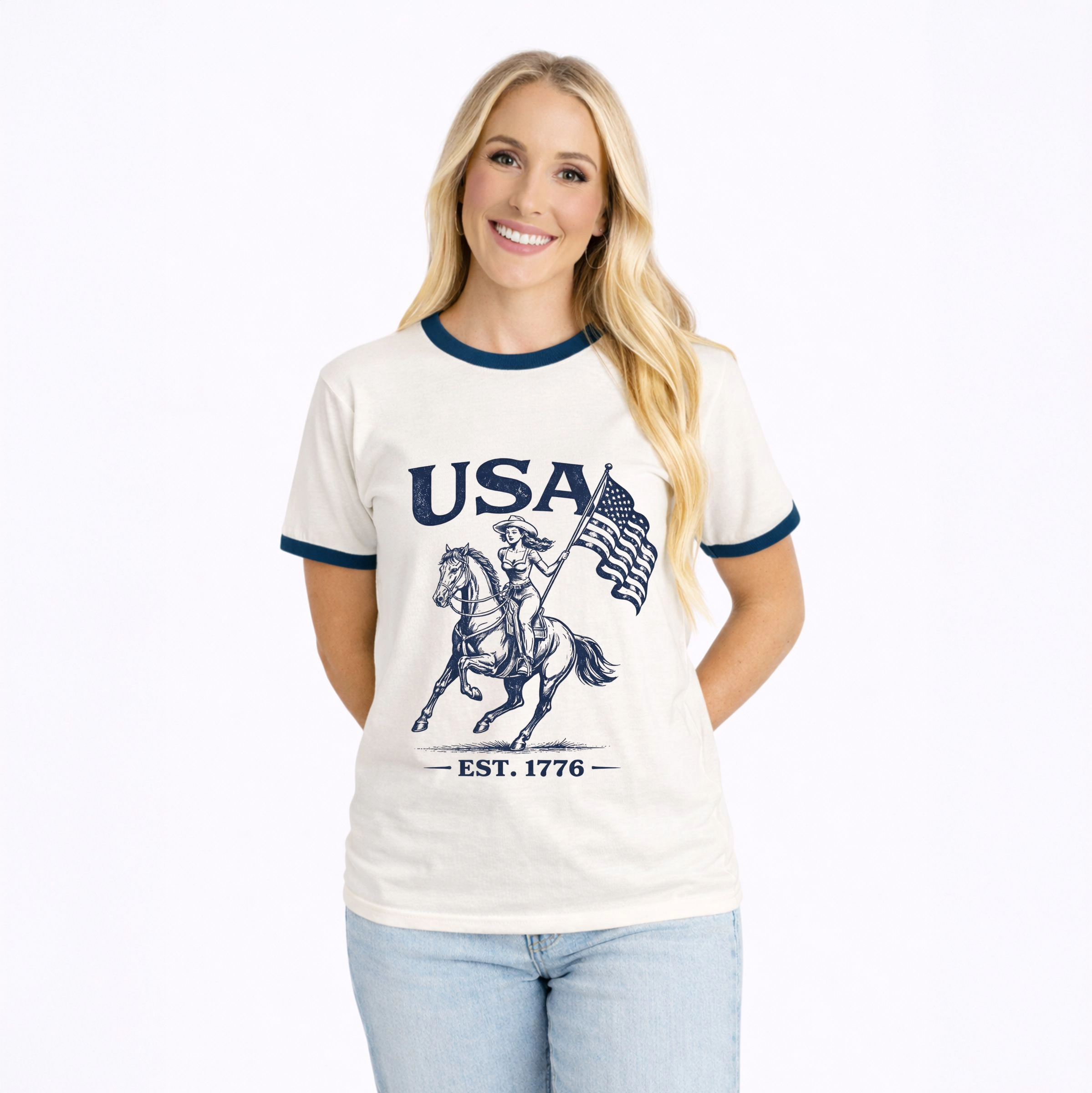 Simply Sage Market - USA Cowgirl Flag Women's Ringer Graphic T-Shirt