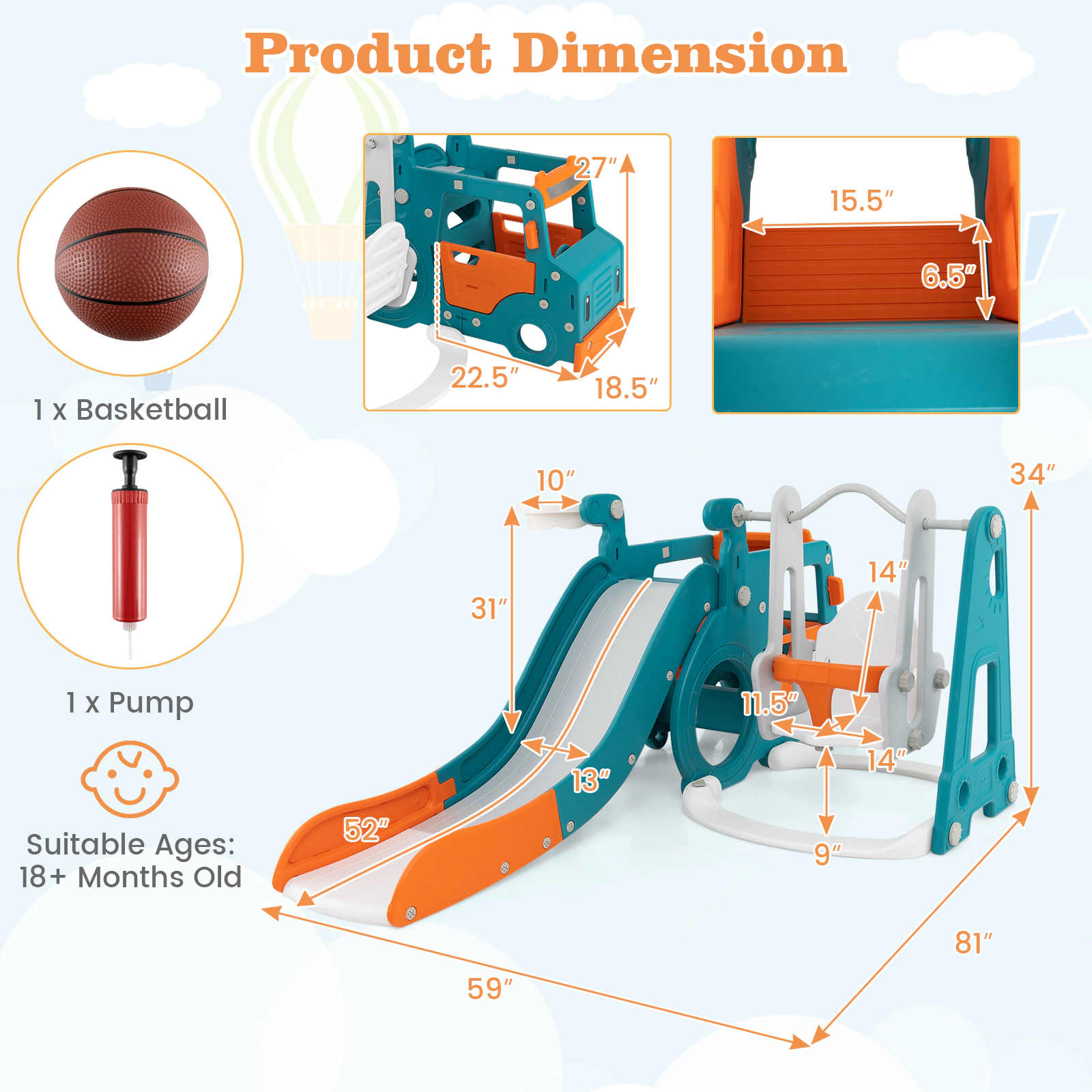 SUGIFT Multicolor Mini Bus Room and Basketball Hoop 5-in-1 Kids Slide and Swing Set