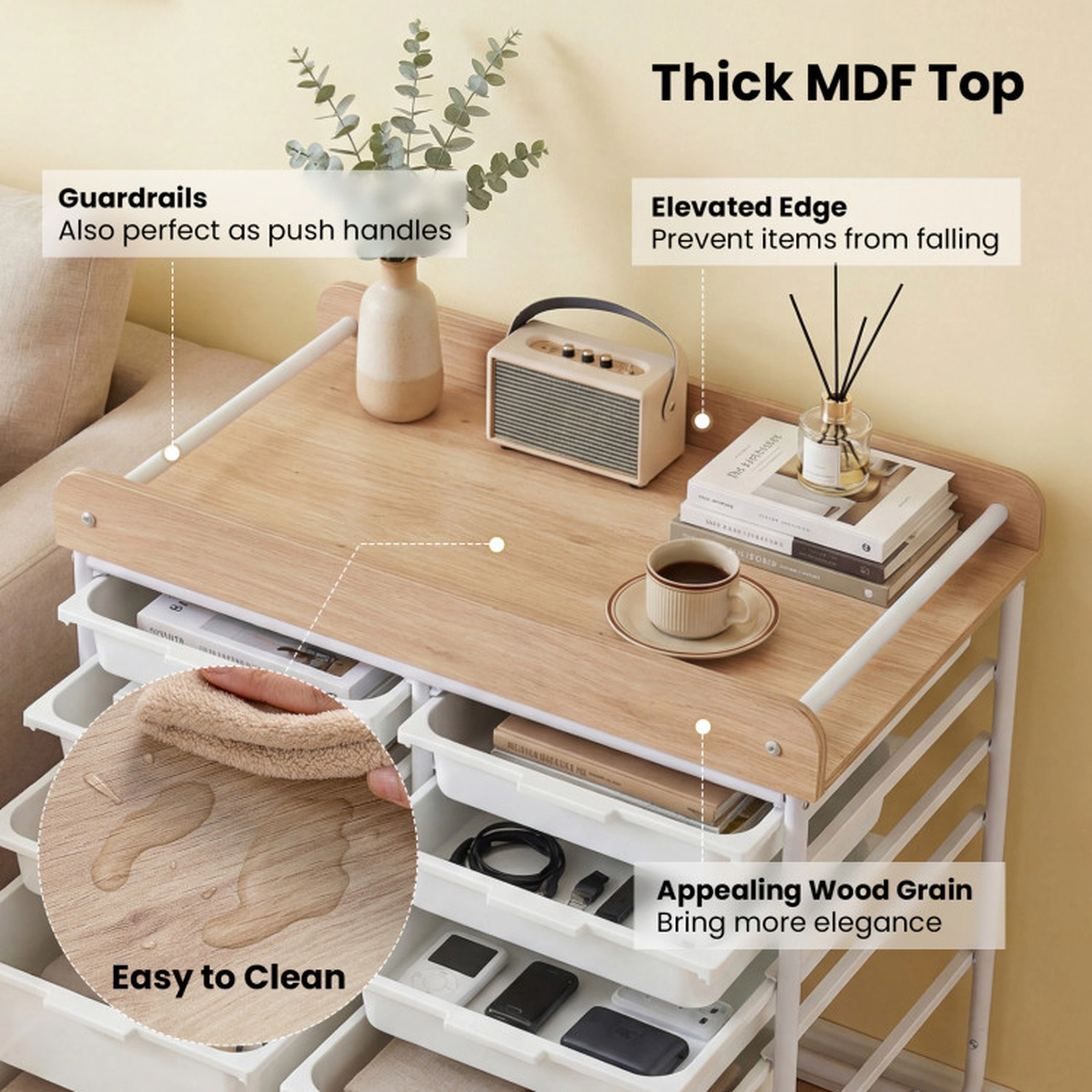 SUGIFT 10-Drawer Rolling Storage Cart with MDF Tabletop 75-lb Capacity 25.5-in Wide Natural and White
