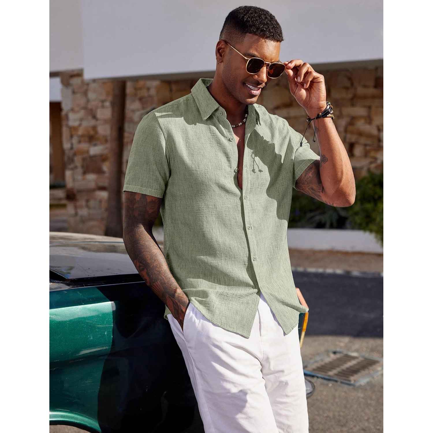 COOFANDY Mens Casual Short Sleeve Button Down Shirts  Lapel Collar Pocket Tops