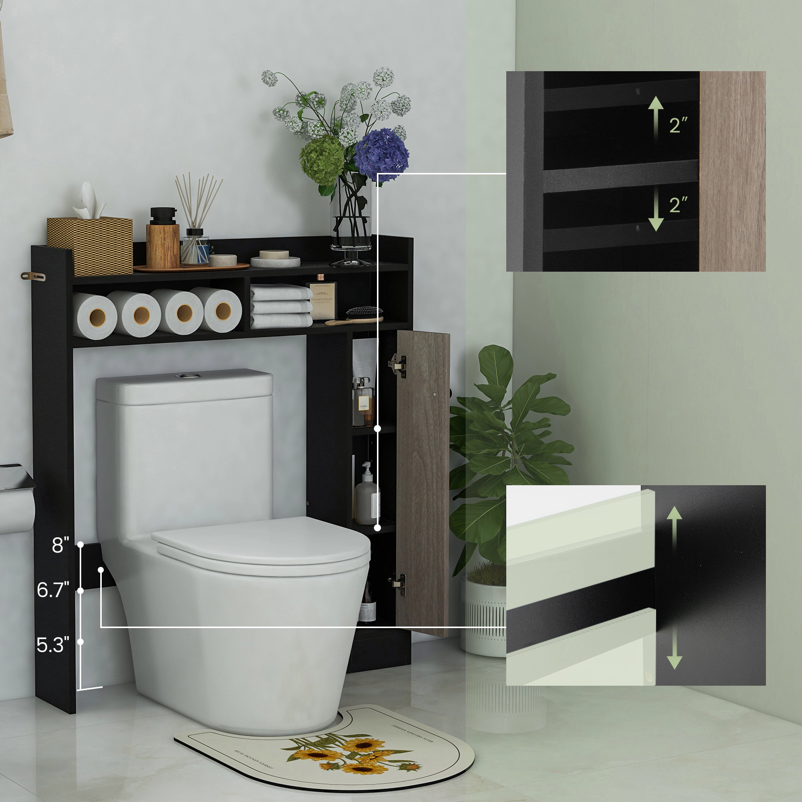 Glintex Wide Over-the-Toilet Organizer with 3-Position Bar and Screw Hole Covers, Black