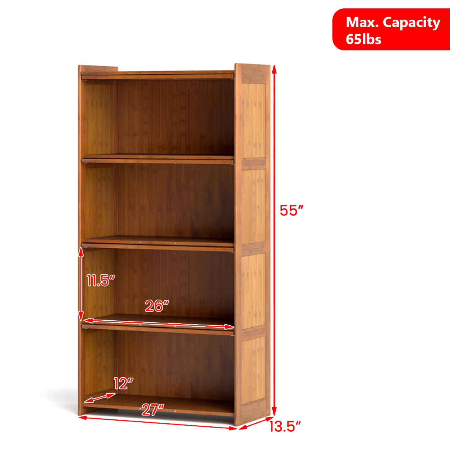 Hivvago Natural Bamboo 4-Tier Display Bookshelf with Enclosed Cabinet