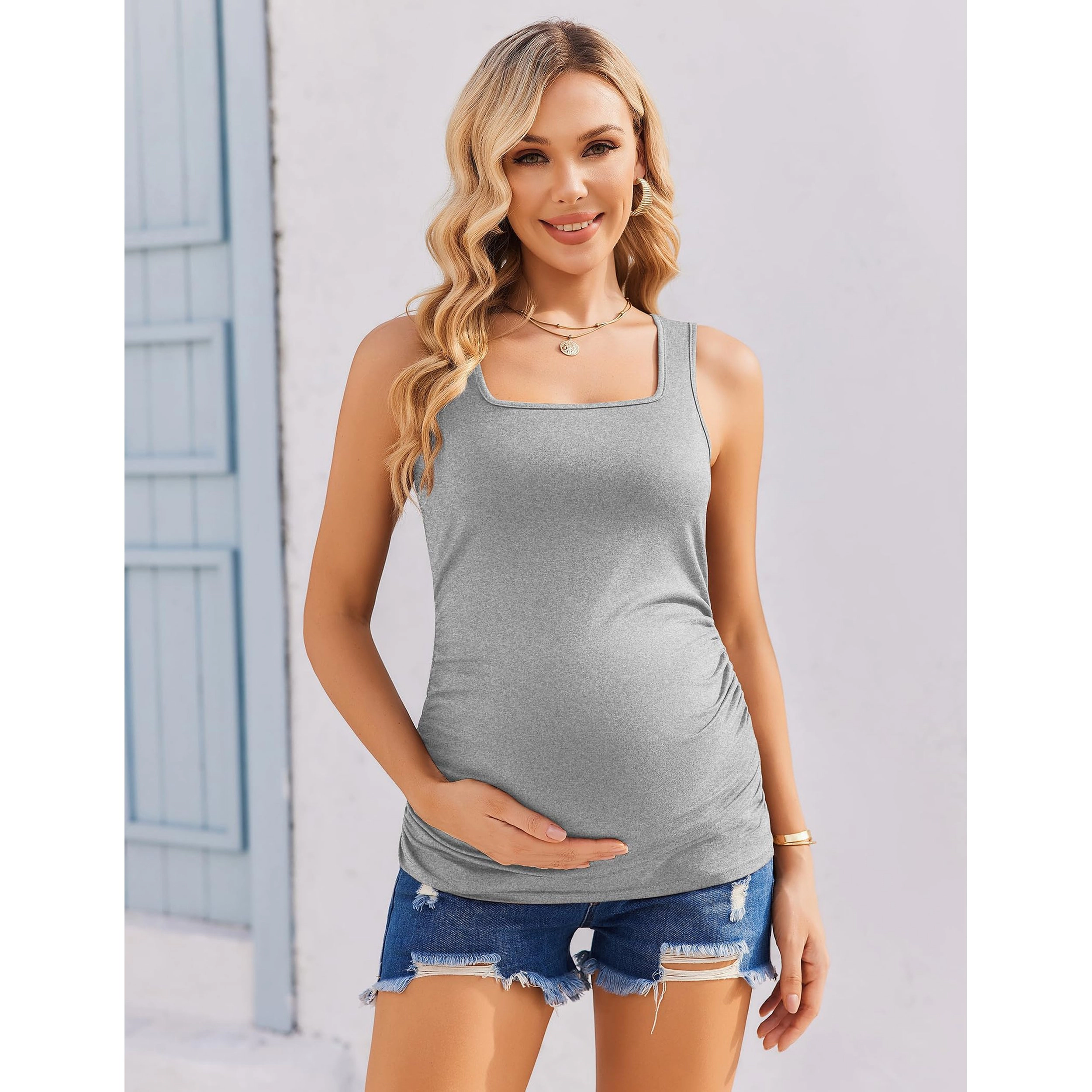 Ekouaer Women's Square Neck Sleeveless Ruched Maternity Tank Top