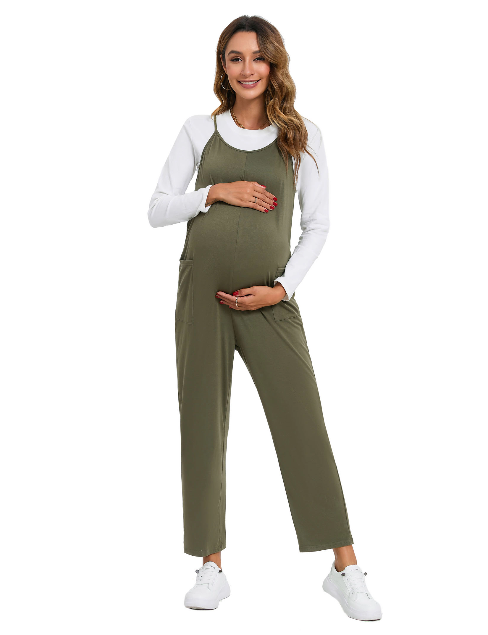 KOJOOIN Women's Maternity Jumpsuit Spaghetti Strap Sleeveless Overalls Loose Baggy Pregnancy Romper