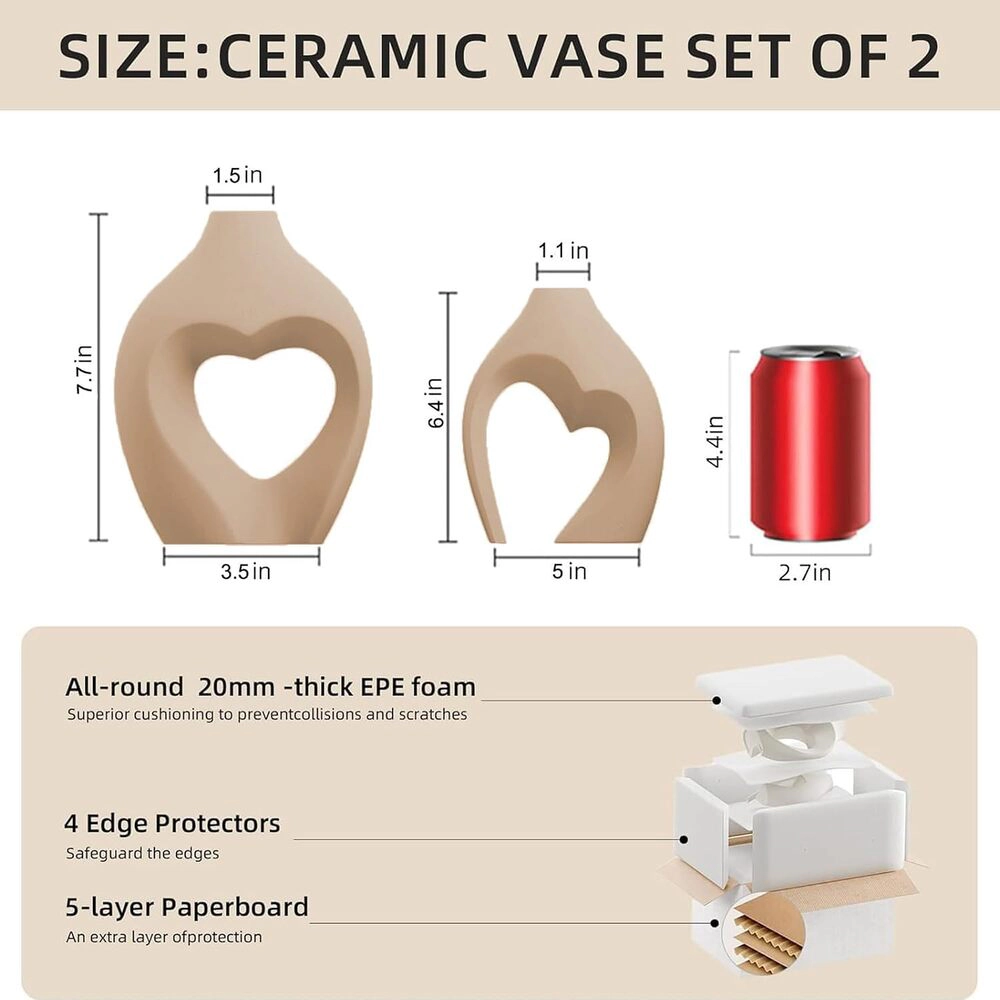 Novsight Trading Unisex Heart Shaped Ceramic Flower Vase Set 2-Piece