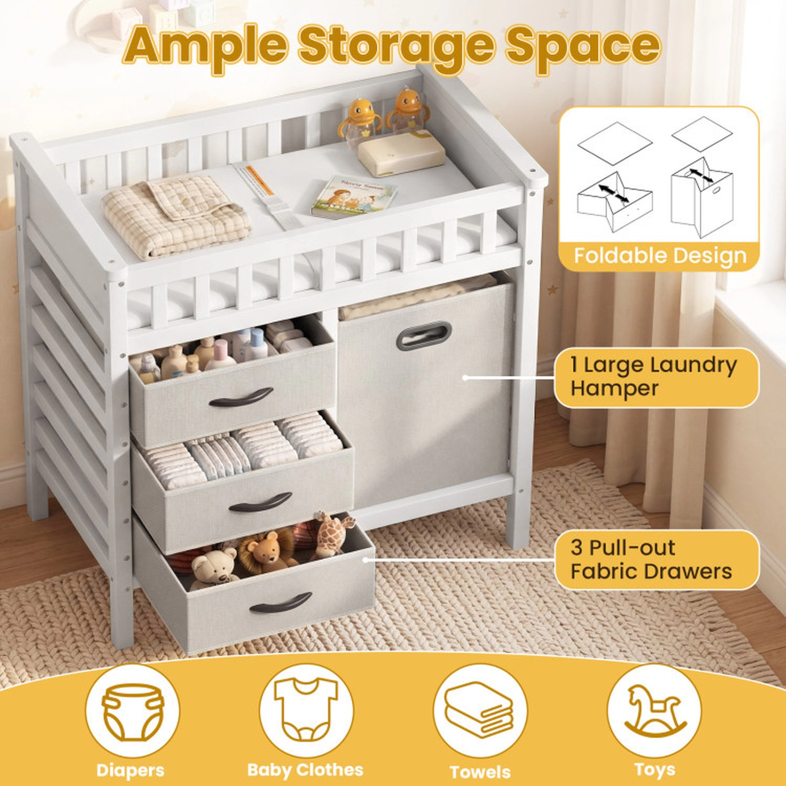 SUGIFT Wooden Baby Changing Table with 3 Fabric Bins and Hamper