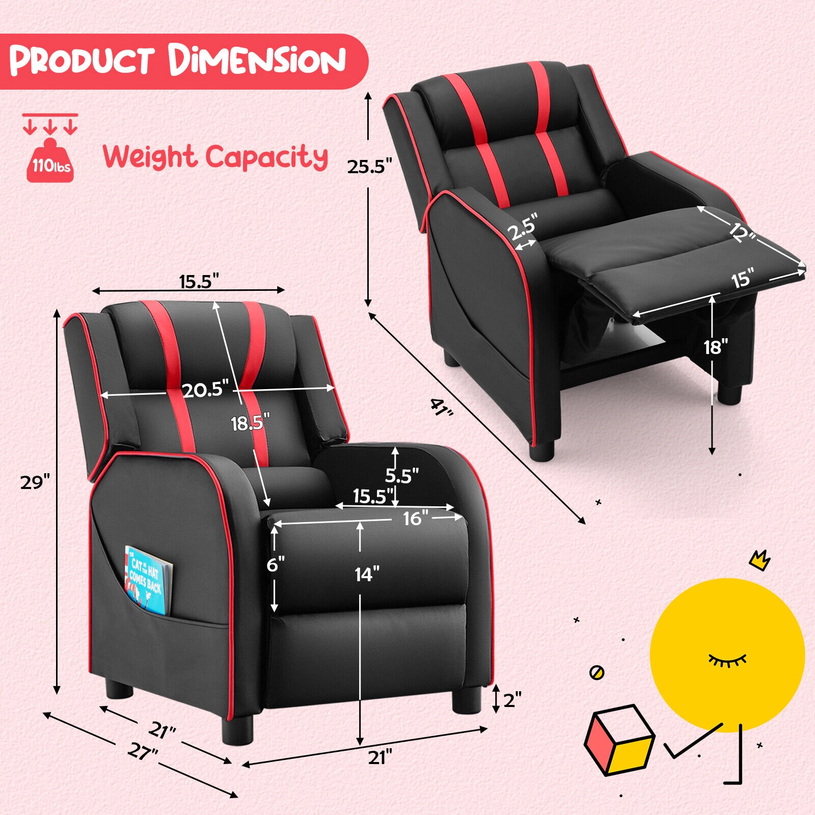 SUGIFT Kids Recliner Chair, 160° Reclining Seat with Adjustable Footrest, Side Pockets, Red PU Leather