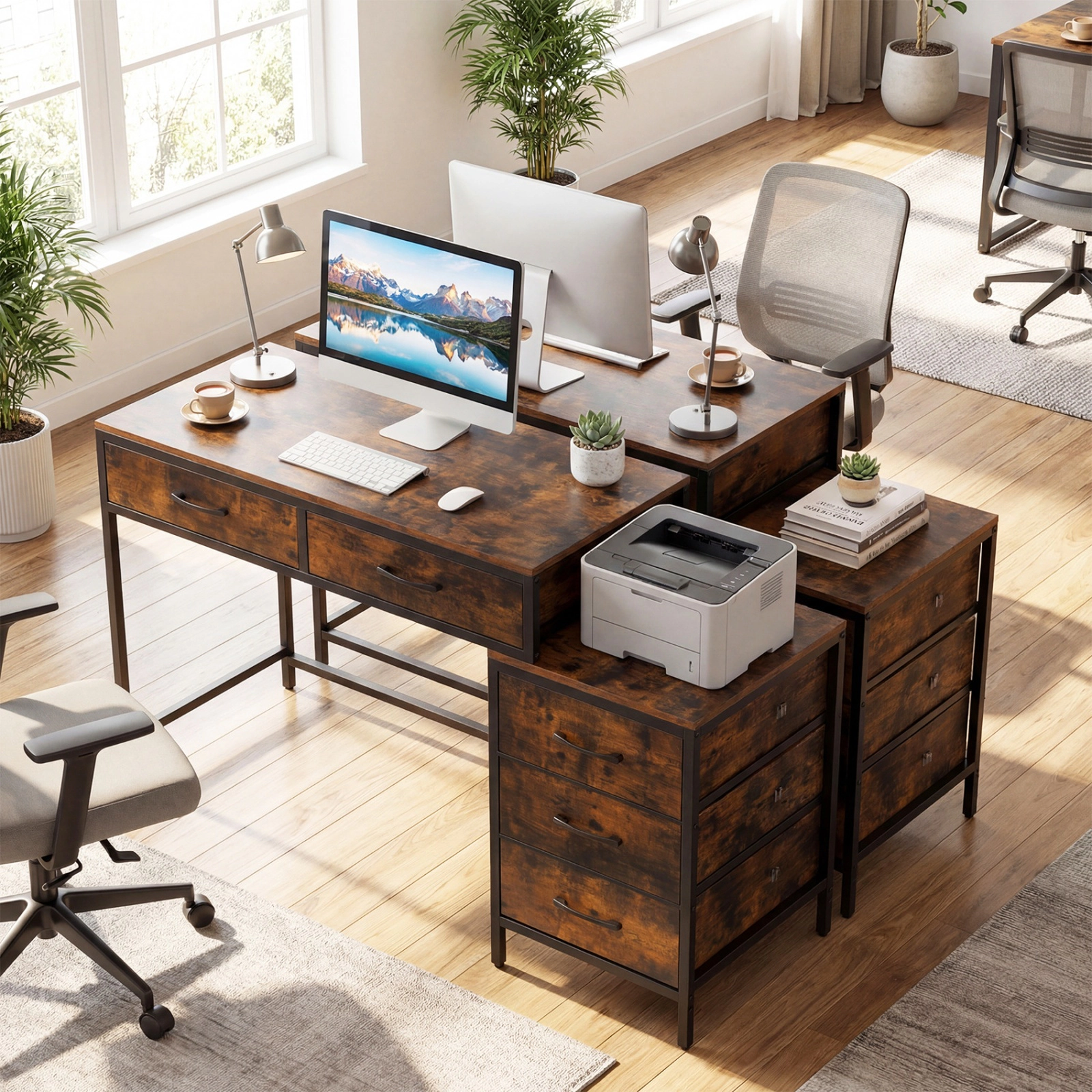 SUGIFT 51-Inch Rustic Brown Computer Desk with 5 Drawers, Printer Stand and Reversible Storage Tower