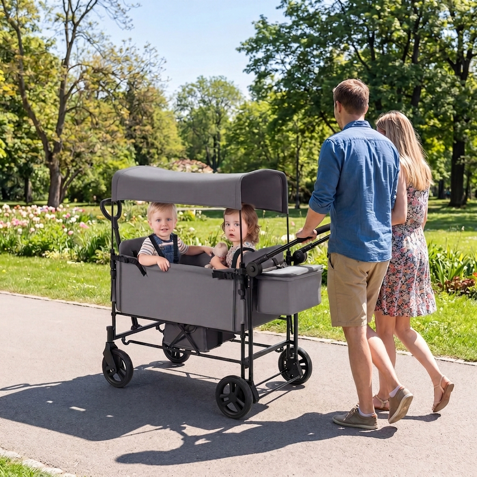 SUGIFT Toddler Gray 2-Seat Wagon Stroller with Removable Canopy 54-in W 25.5-in D 44-in H 40-lb Per Seat