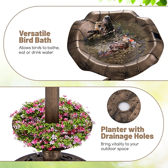 SUGIFT 30-in H Lotus Leaf Solar Bird Bath with Feeder Bowl and Planter ...