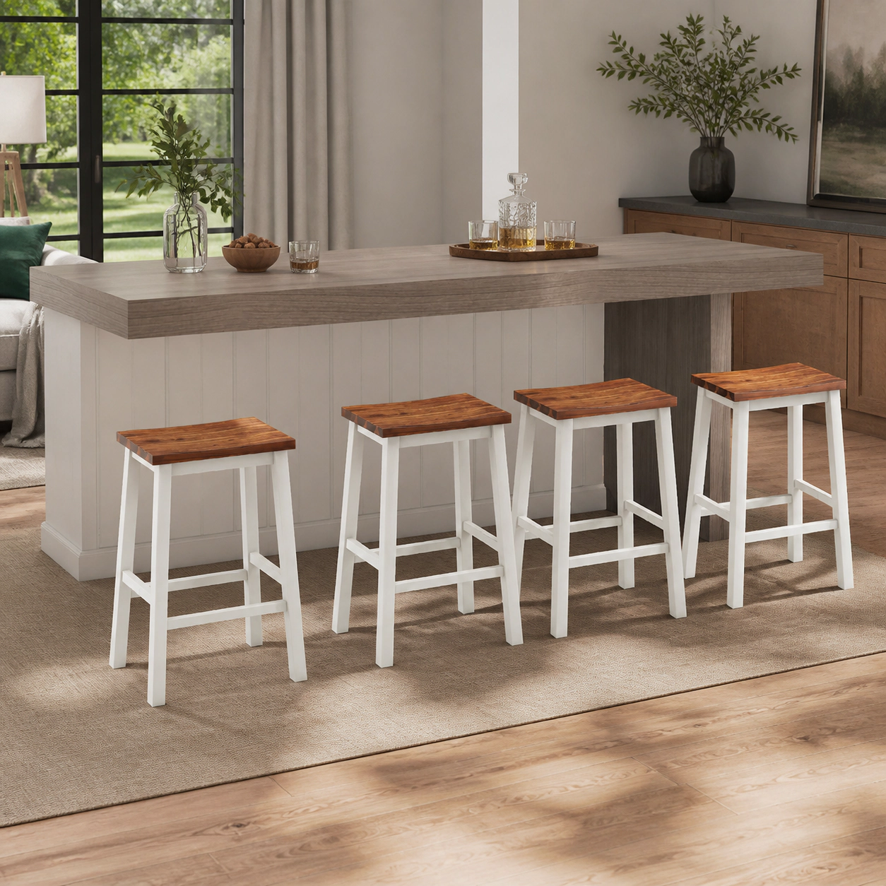 SUGIFT Set of 4 24.5-In Solid Acacia Wood Saddle Bar Stools, 350-Lb Capacity