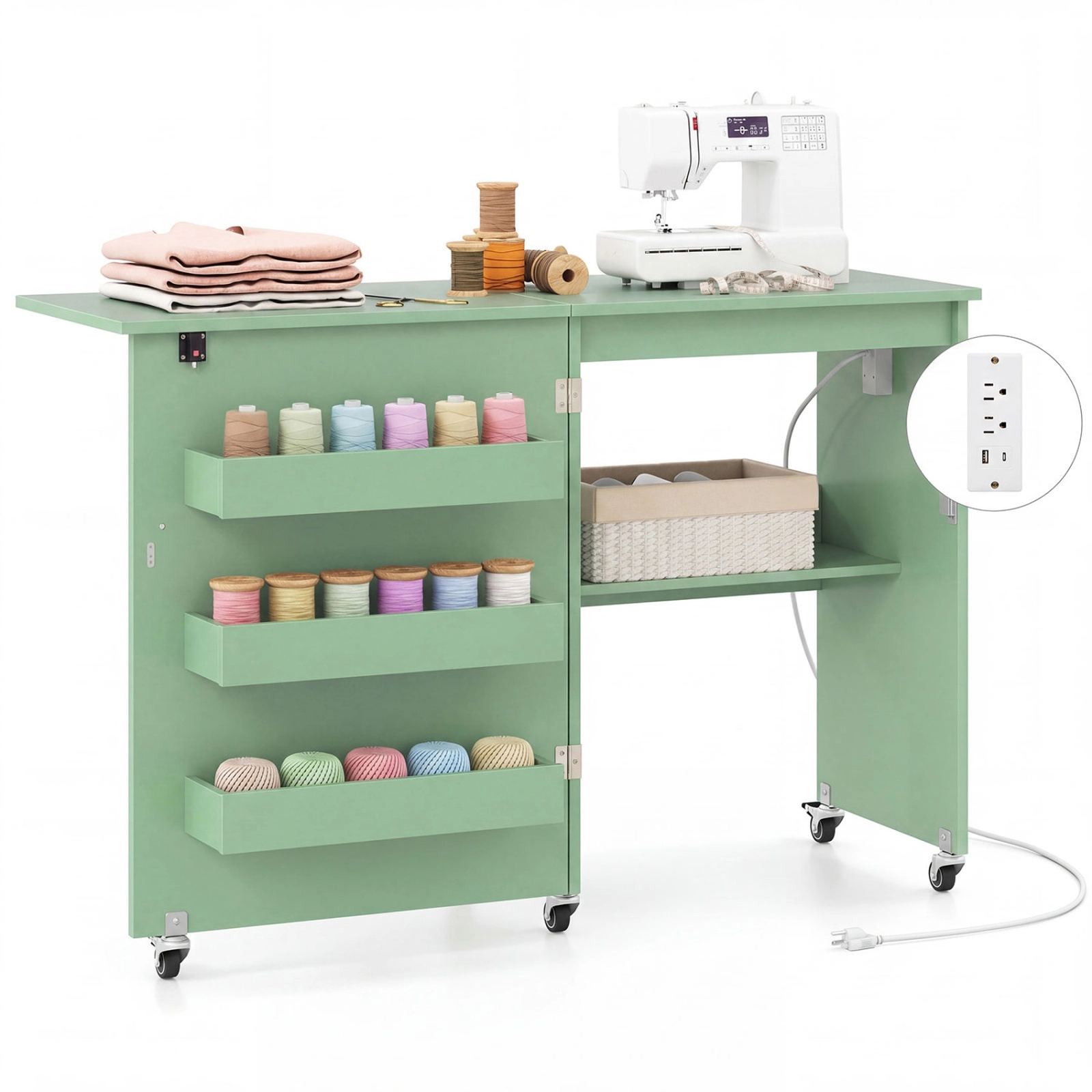 SUGIFT Folding Sewing Machine and Computer Desk Table with Charging Station 45-lb Capacity Brown Natural White