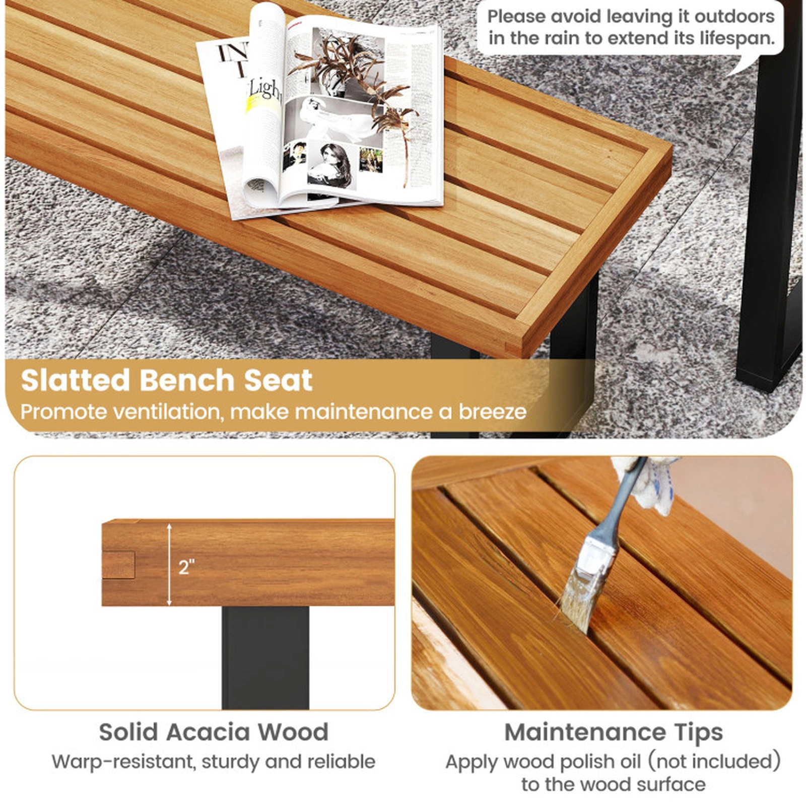 SUGIFT Solid Acacia Wood Outdoor Patio Dining Bench 800-lb Capacity 48-in Long Slatted Seat Natural+Black Set of 2