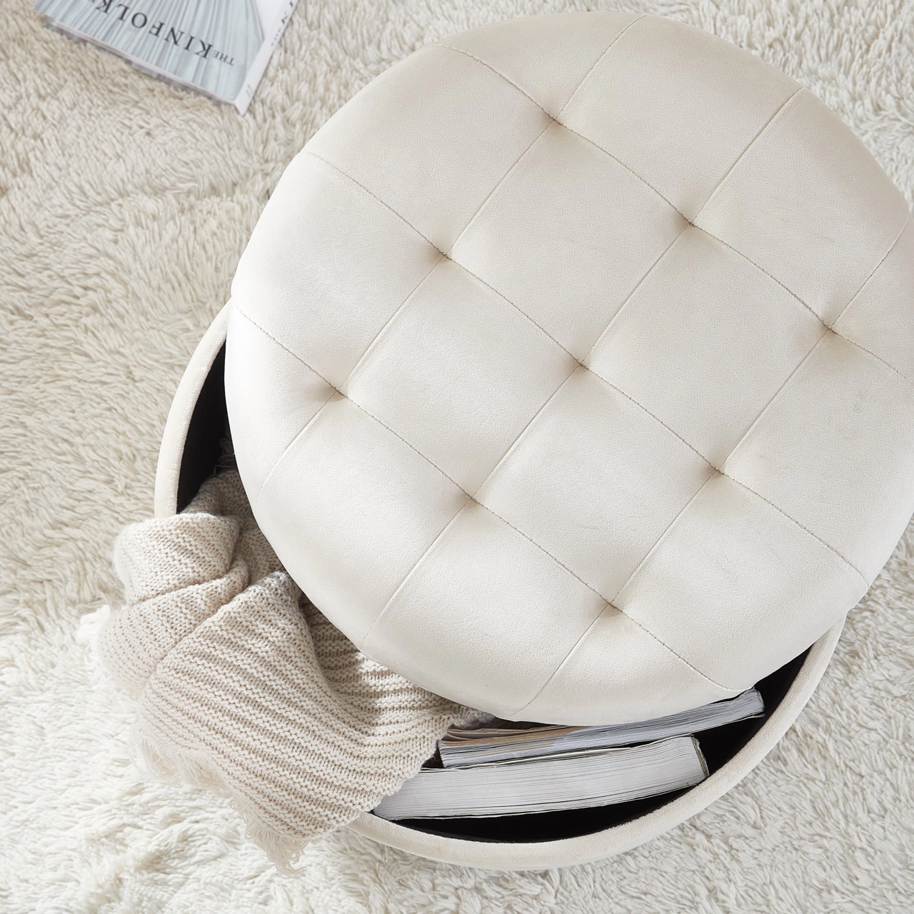 Ornavo Home Velvet Upholstered Round Tufted Storage Ottoman with Wooden Legs
