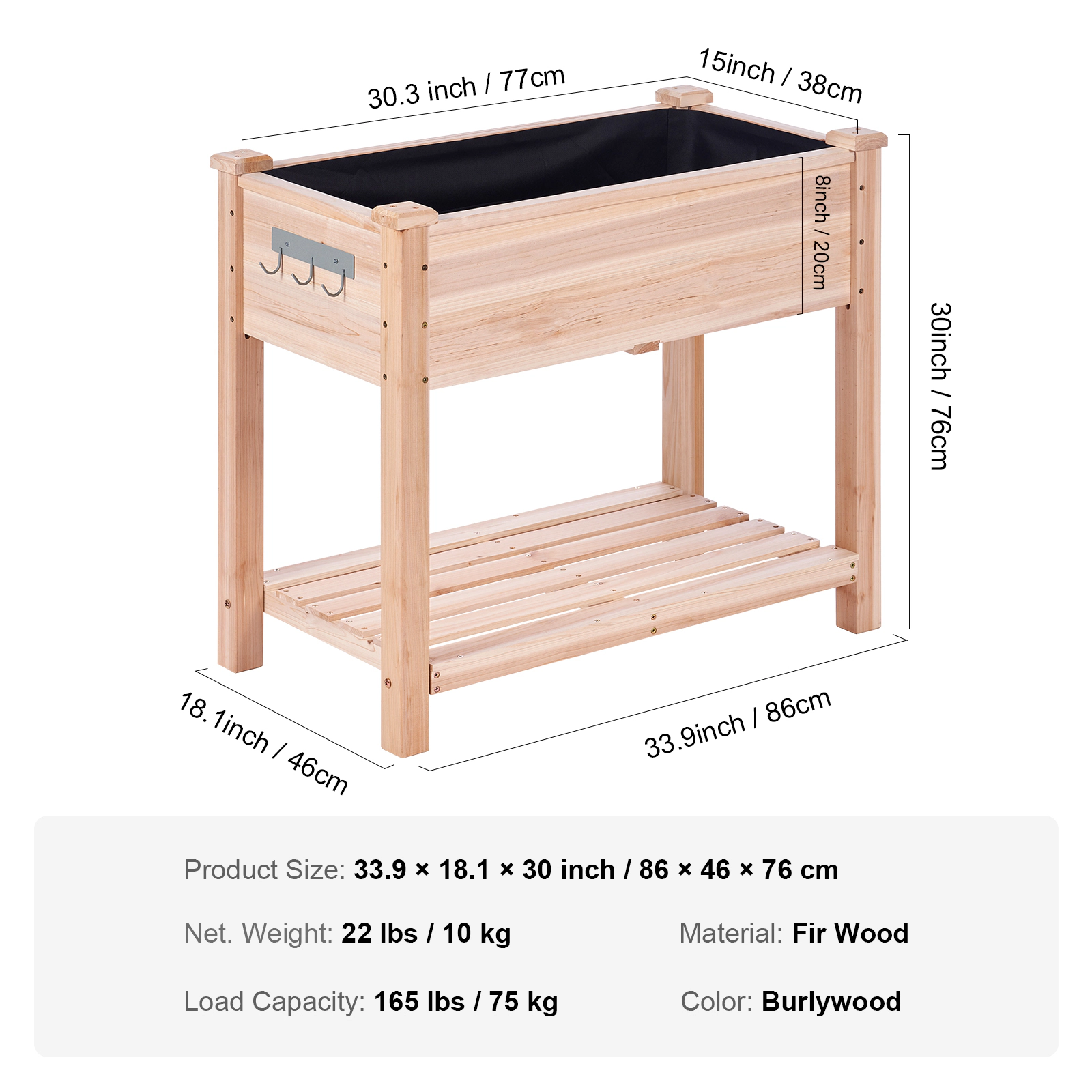 HONGGE 34 x 18 x 30 In Wooden Raised Garden Bed with 2-Tier Storage Shelf, Fir Wood, Holds 165 lbs
