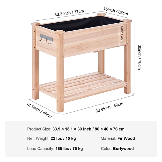 HONGGE 34 x 18 x 30 In Wooden Raised Garden Bed with 2-Tier Storage Shelf, Fir Wood, Holds 165 lbs