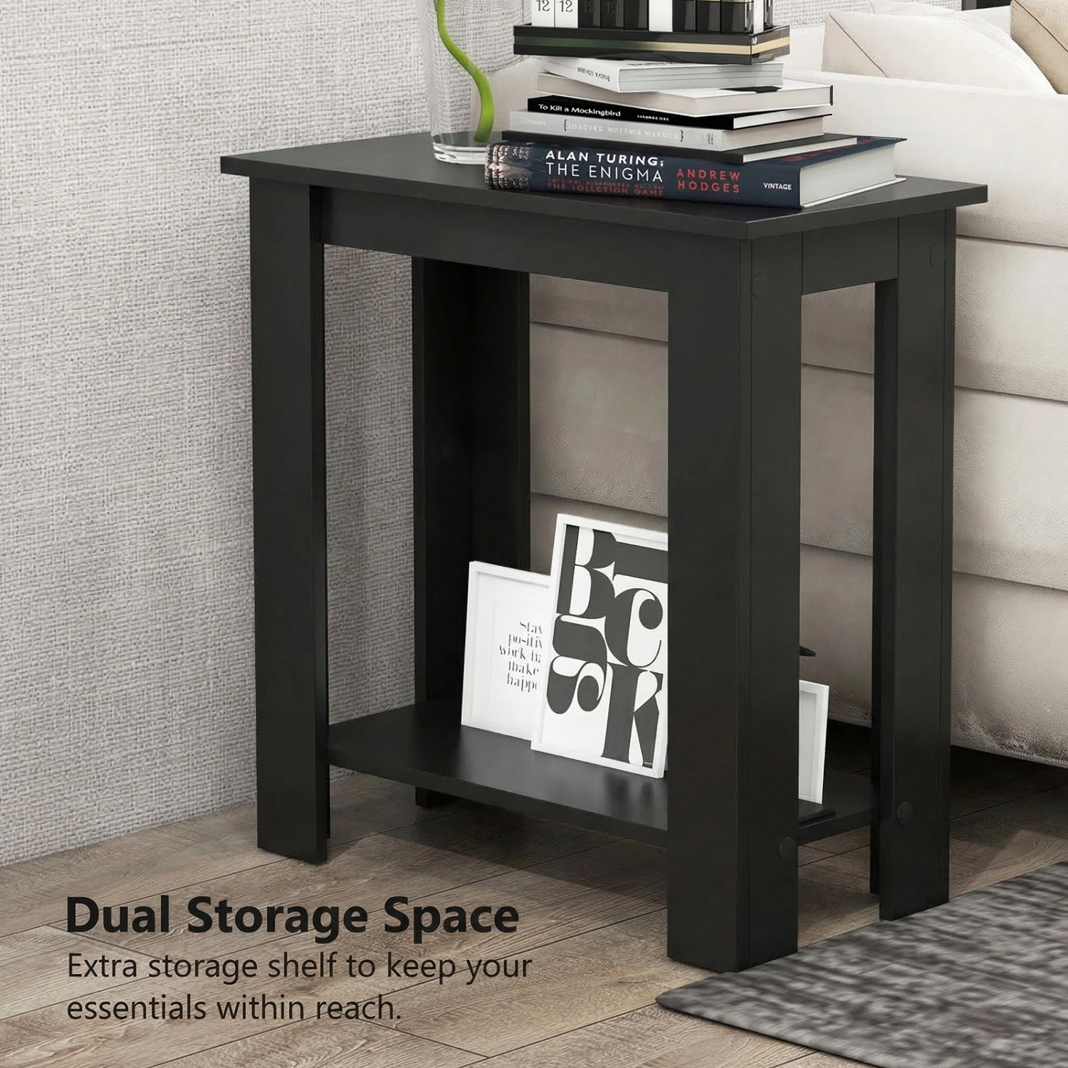 Glintex Compact 2-Tier End Table with 110-Lb Top and 3-Inch Floor Clearance, Black