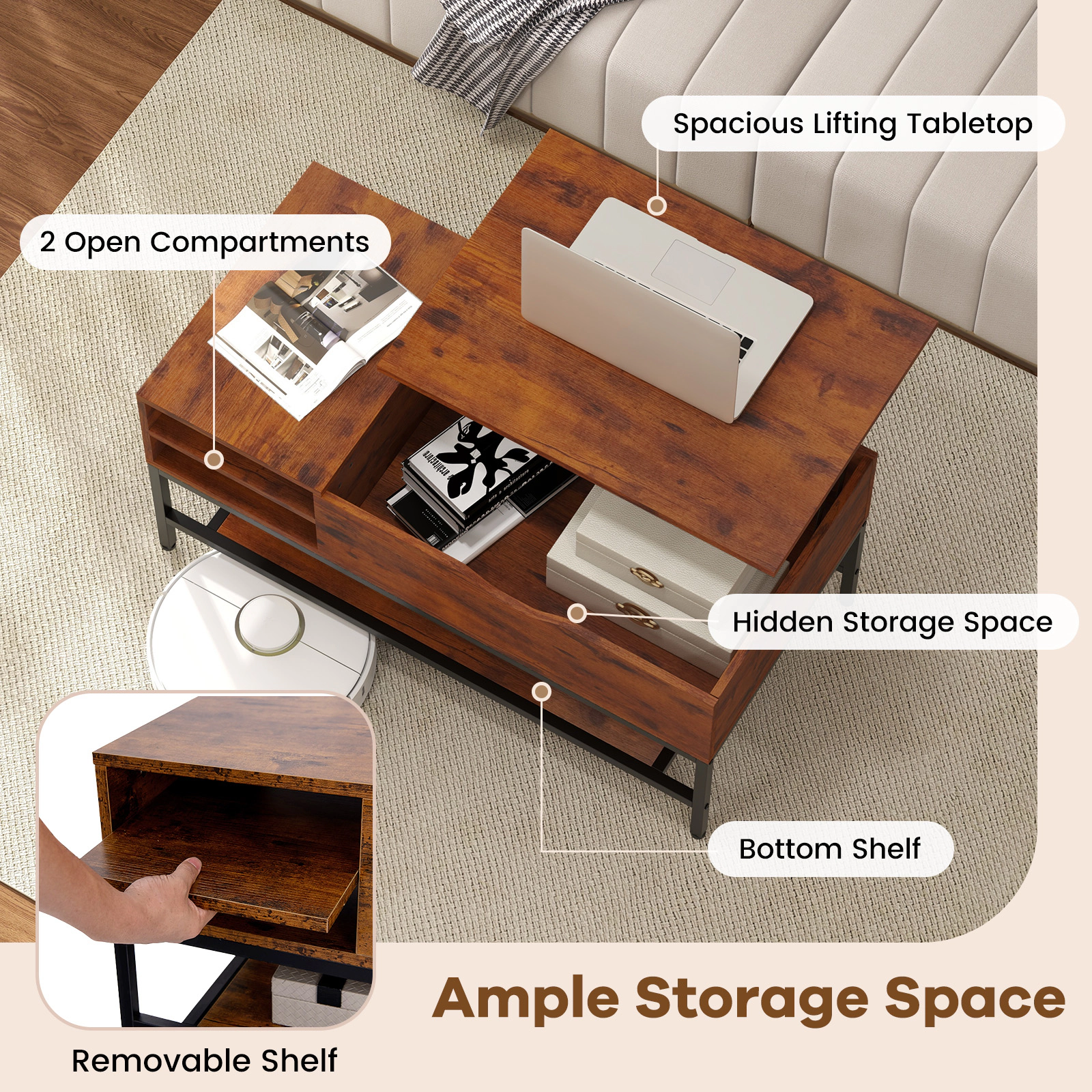Glintex 39.5-Inch Lift-Top Coffee Table with Removable Shelf and Metal Frame, Rustic Brown