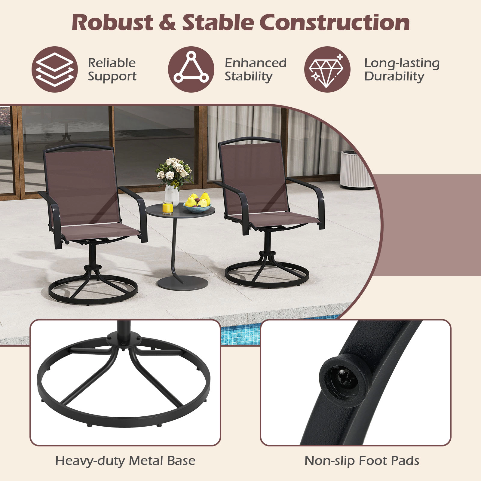 SUGIFT Outdoor Swivel Chairs Set of 2 Coffee with High Back and Breathable Seat