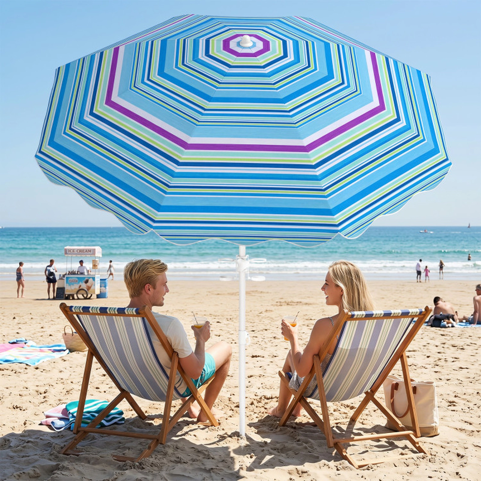 SUGIFT UPF 50+ 6.5-ft Beach Umbrella with Sand Anchor, Tilt Function, Cup Holders and Carrying Bag 4-Piece Set Blue