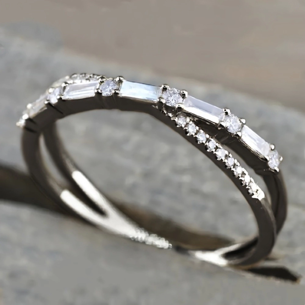 Wardrobe Whimsy Crisscross Baguette Cut Cubic Zirconia Stackable Ring for Women