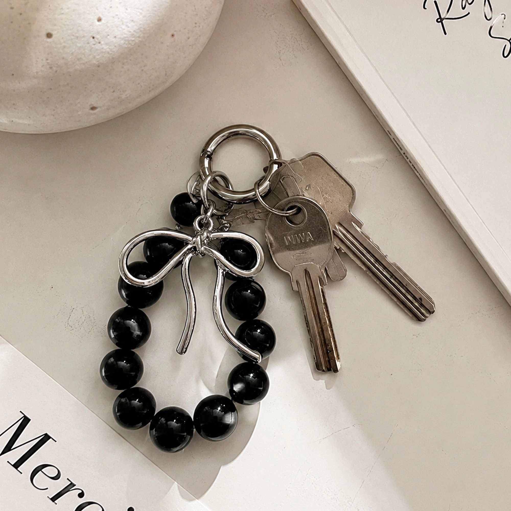 Alilang Women's Beaded Bow Keychain with Round Bead Loop and Metal Clip Bag Charm, Black