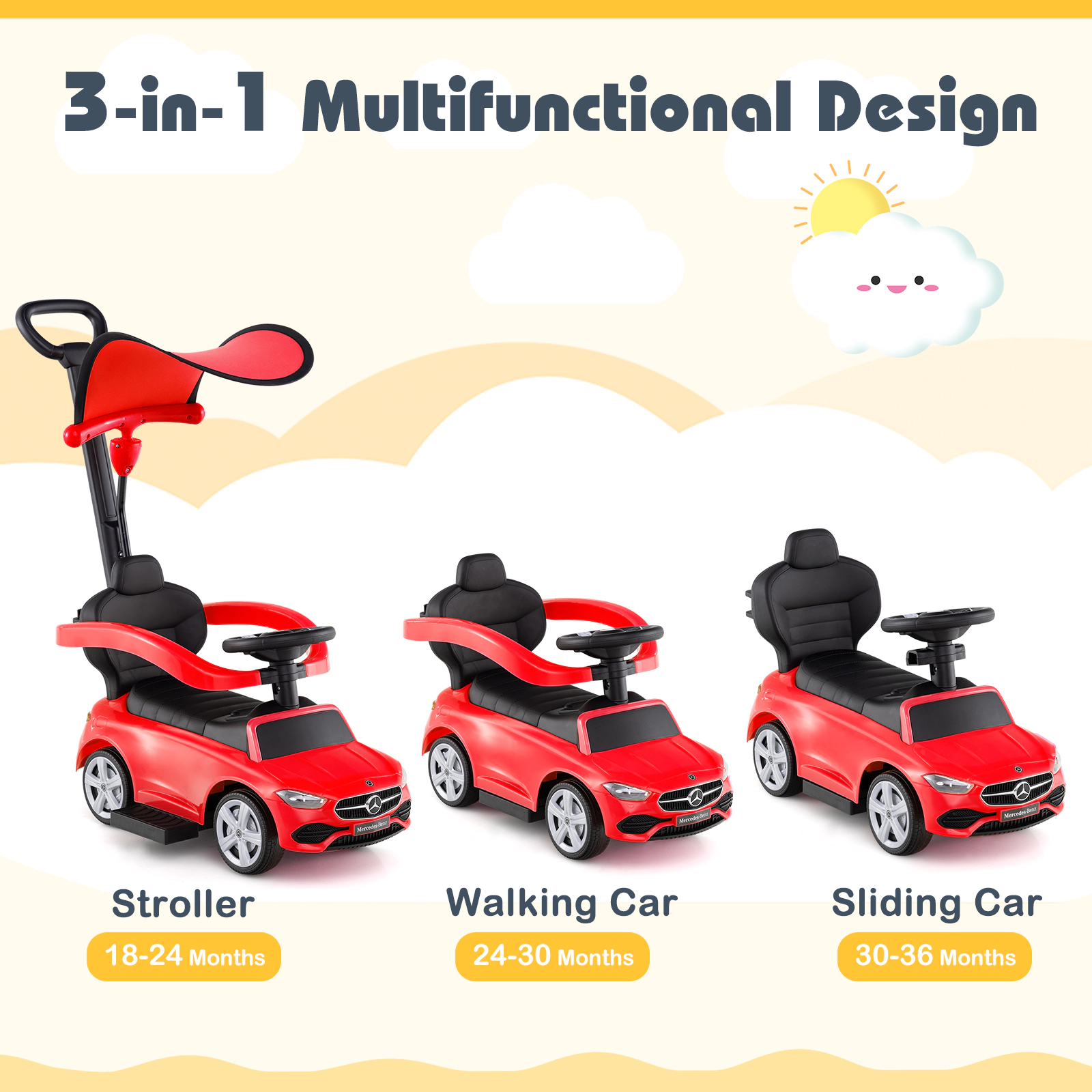 3-in-1 Toddler Push Car with Handle Canopy Guardrail and Under-Seat Storage for 18-36 Months Sliding Ride On Car