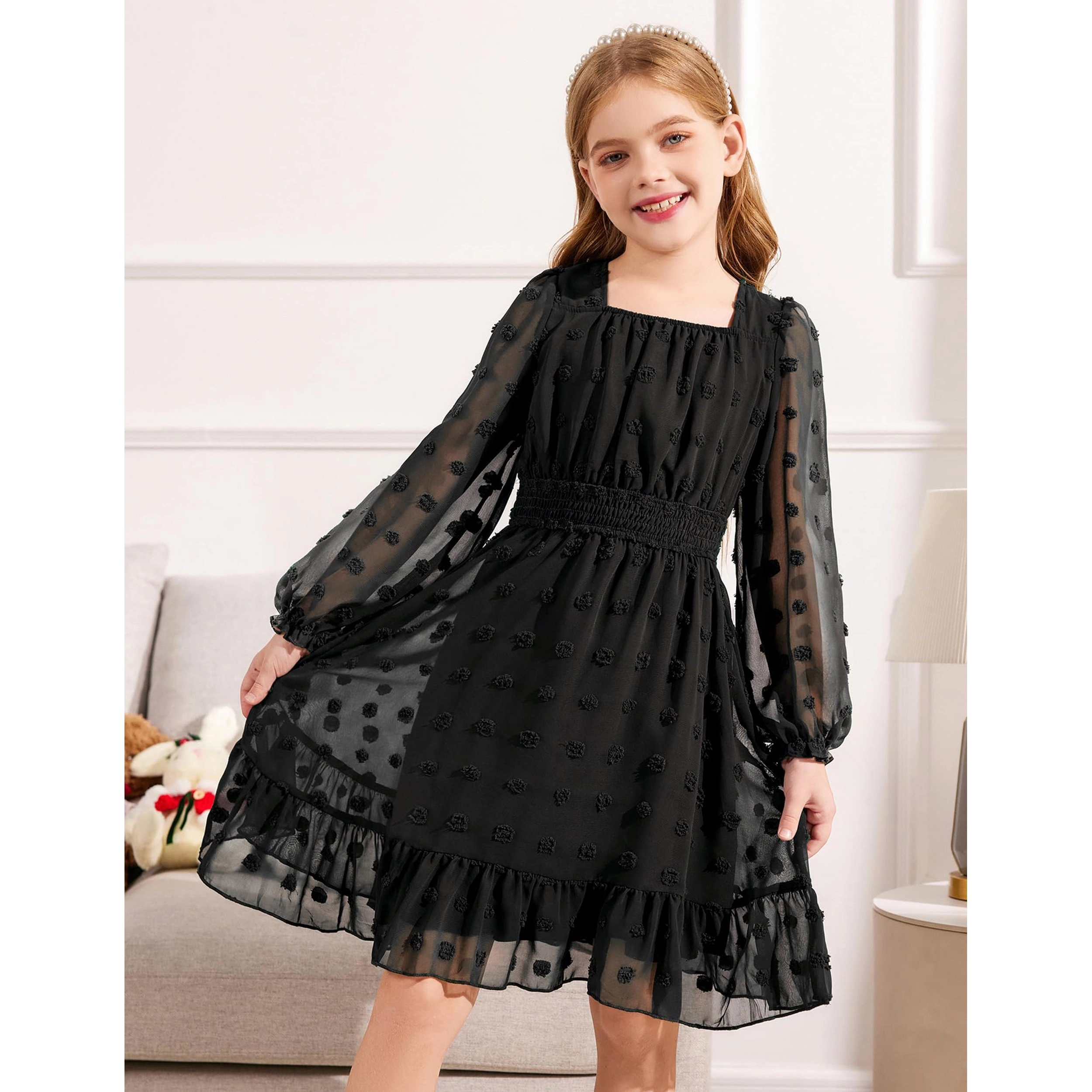 Arshiner Girls A-Line Dresses Chiffon Long Sleeve Square Neck Swiss Dot Flowy Casual Party Dress