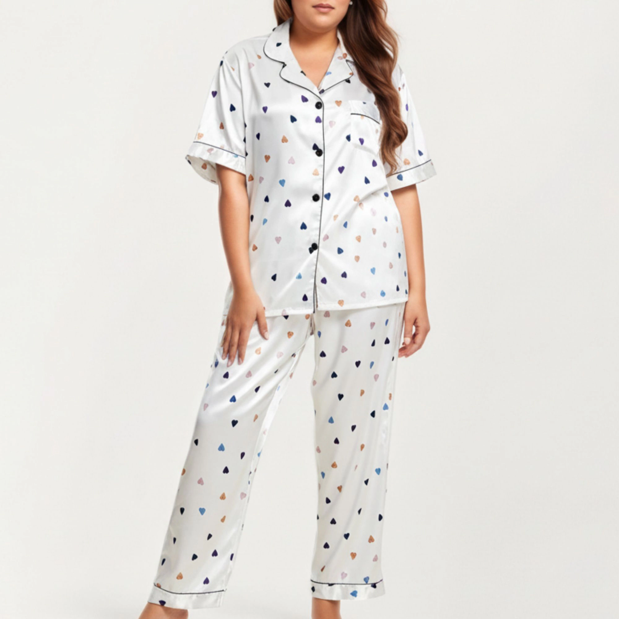 Anna-Kaci Women's Plus Valentine Heart Print Satin Pajama Set Short Sleeve Button Front Top Straight-Leg Pants