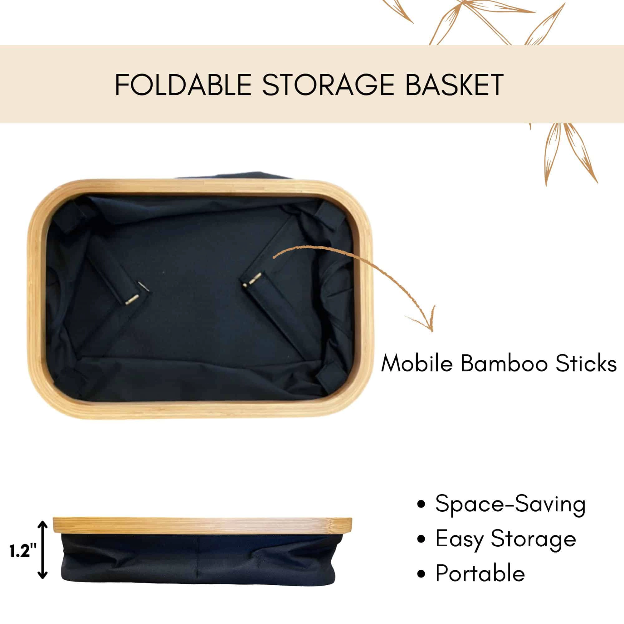 Evideco French Home Goods Black Bamboo-Frame Foldable Storage Basket 15 x 10 x 6 in
