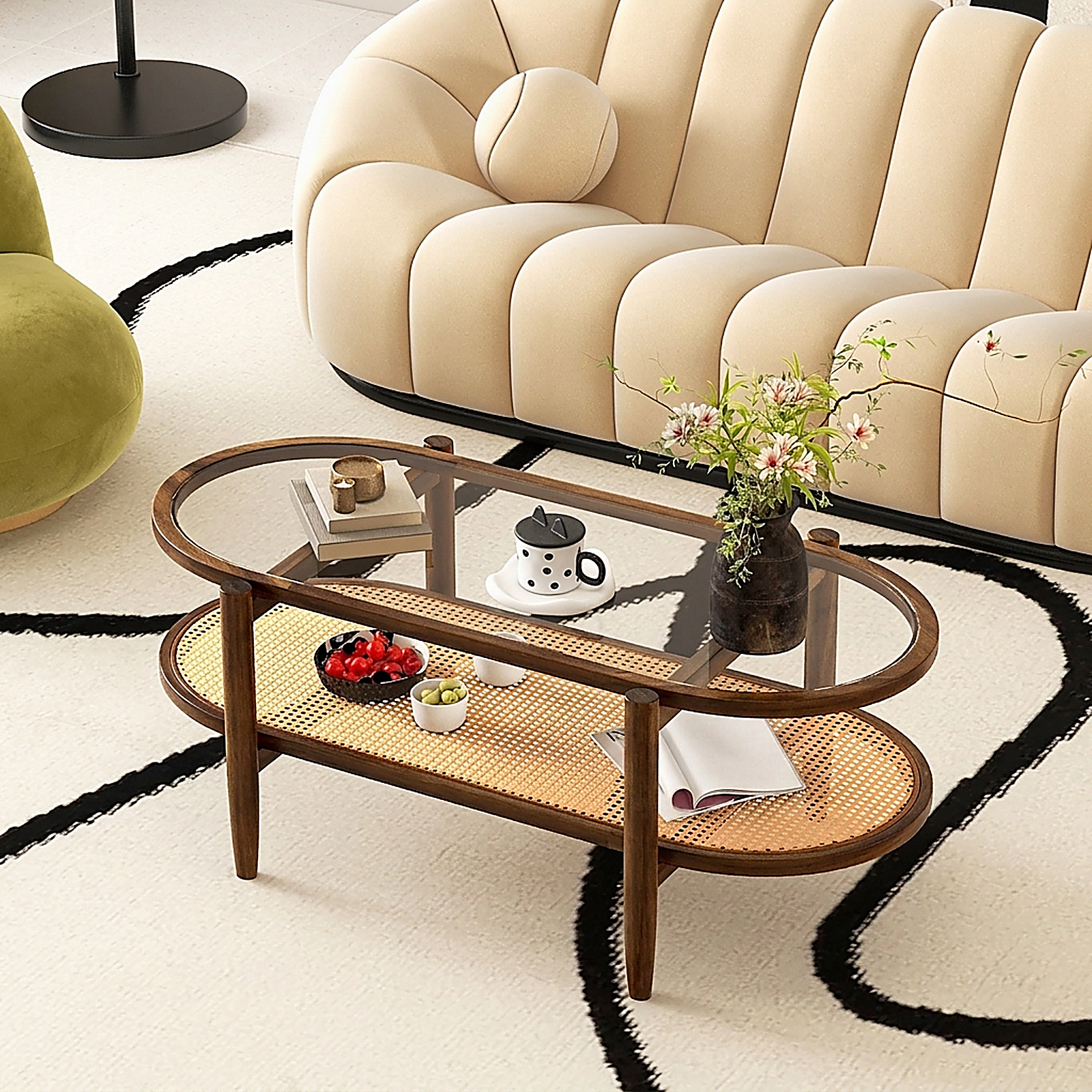 SUGIFT 2-Tier Coffee Table with Tempered Glass Tabletop and Acacia Wood Frame 176-lb Tabletop Capacity Brown/Black