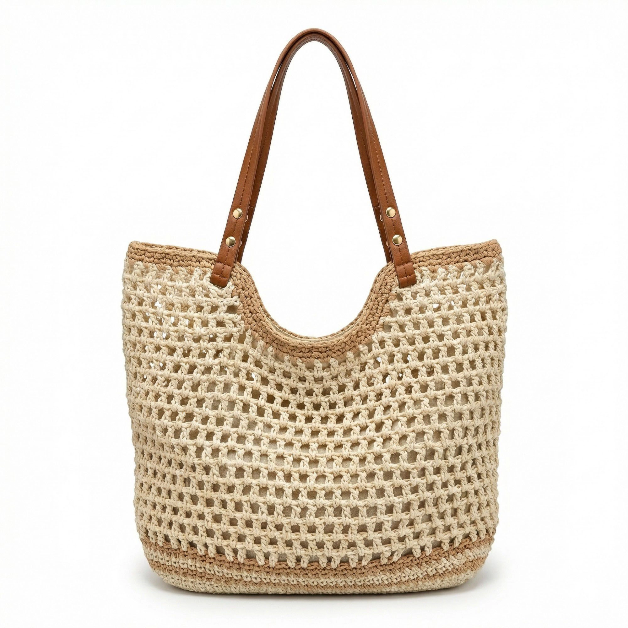 Alilang Women's Crochet Knit Tote Bag with Open Weave Design Dual Shoulder Straps and Contrast Trim Detail