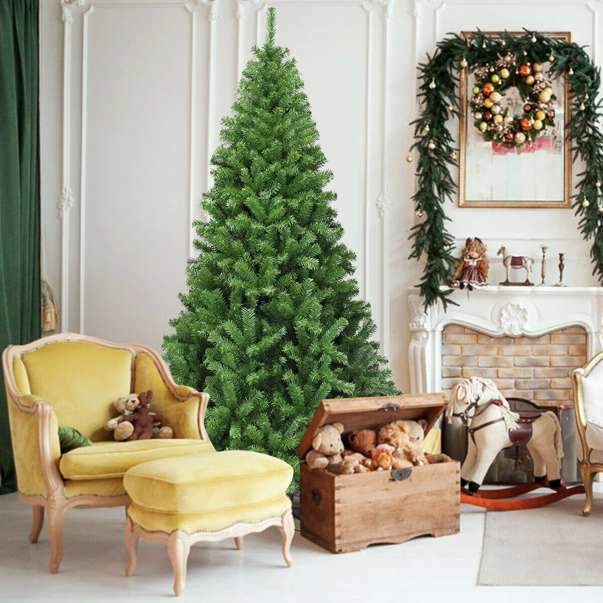 SUGIFT 7.5-ft Hinged 3 Section Iron Stand Unlit Artificial Christmas Tree 1346 Dense PVC Branch Tips Green