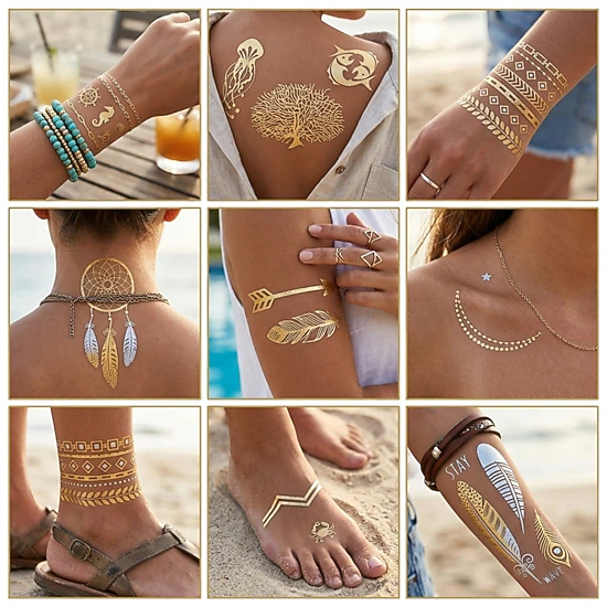 Wrapables Celebrity Inspired Temporary Tattoos in Metallic Gold Silver and Black, Nature Spirit, Large
