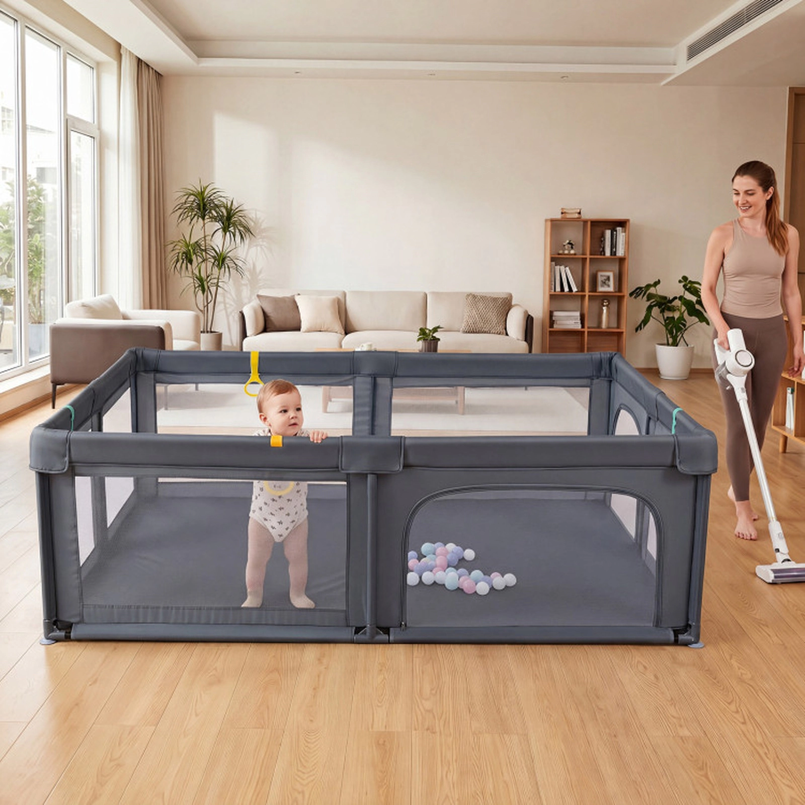 SUGIFT 79-in Sponge Padded Baby Playpen with Wear-Resistant Oxford Anti-Slip Suction Cups and 50 Ocean Balls