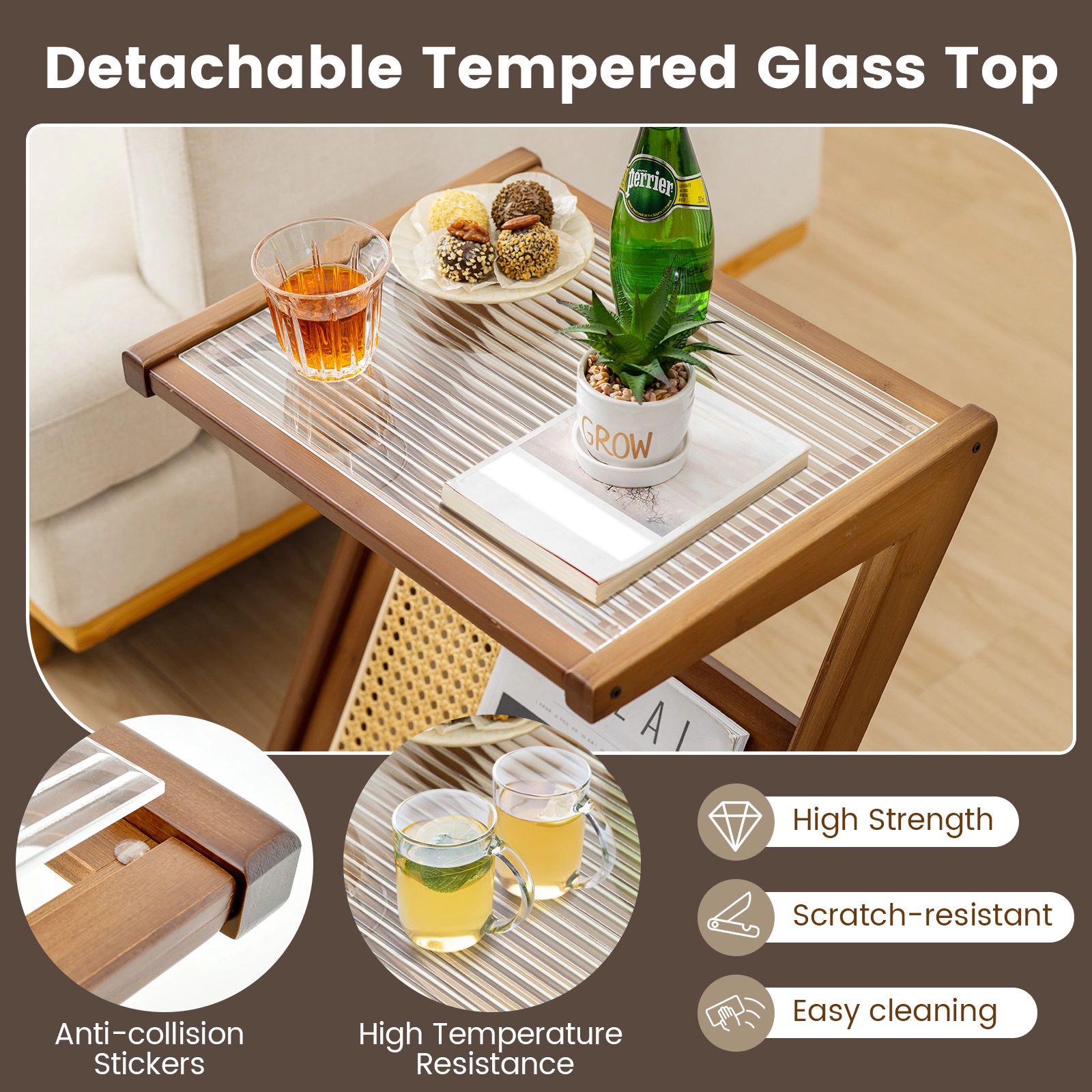 Glintex Boho End Table with Tempered Glass Top Rattan Trim and Bamboo Z-Frame