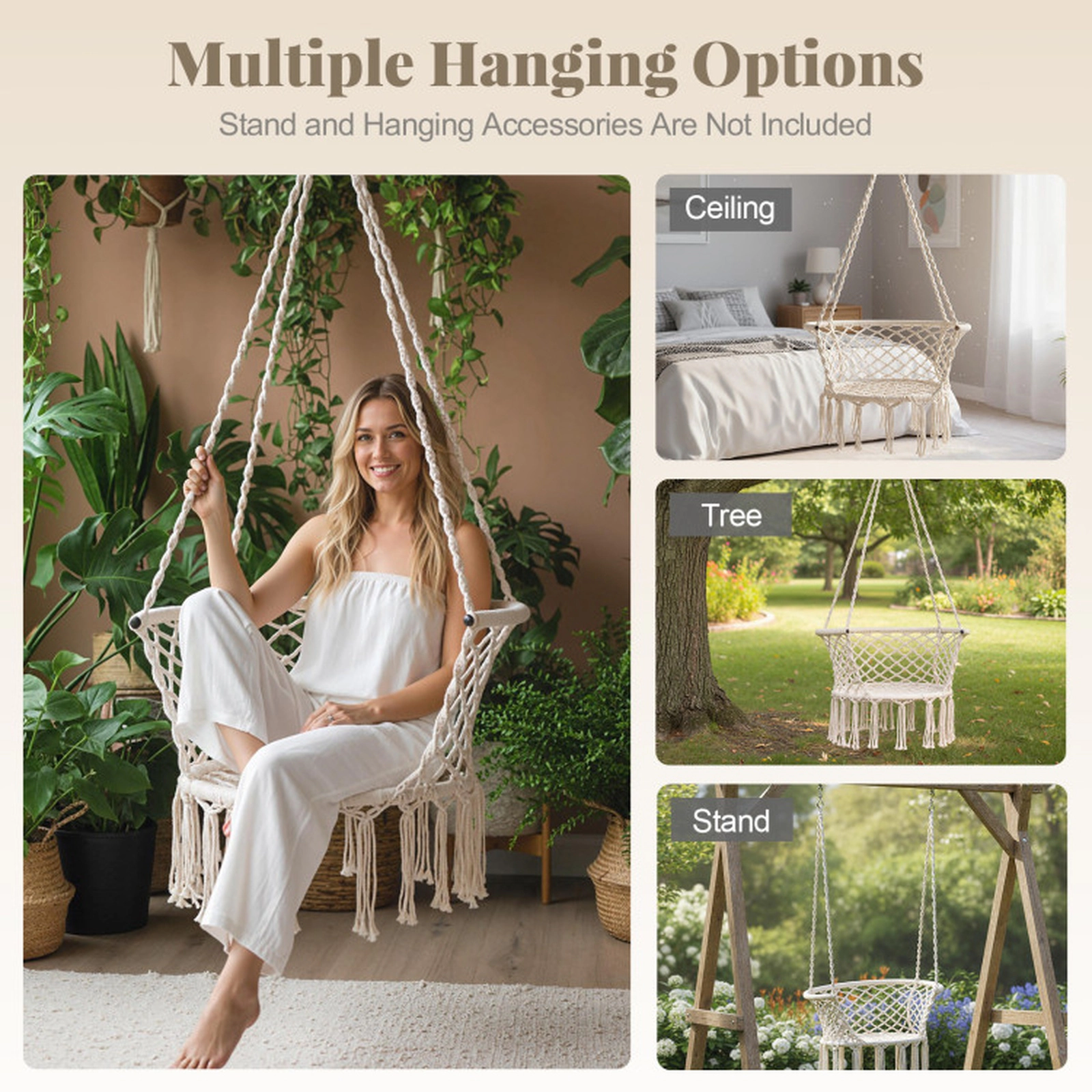 SUGIFT 350-lb Capacity Macrame Hanging Hammock Swing Chair with Cotton Rope and Elegant Fringe Trim
