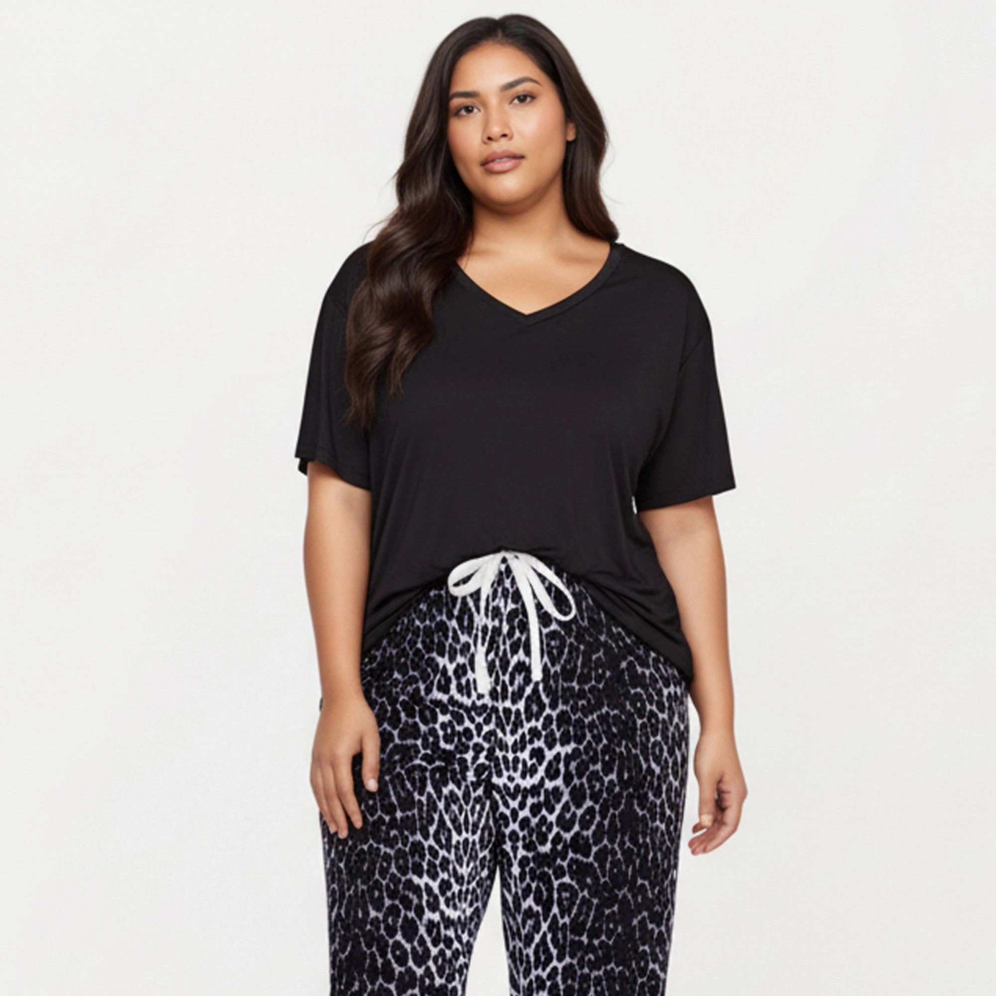Anna-Kaci Women's 2-Piece V-Neck Short Sleeve Top and Leopard Print Pajama Pants with Soft Stretch Fabric